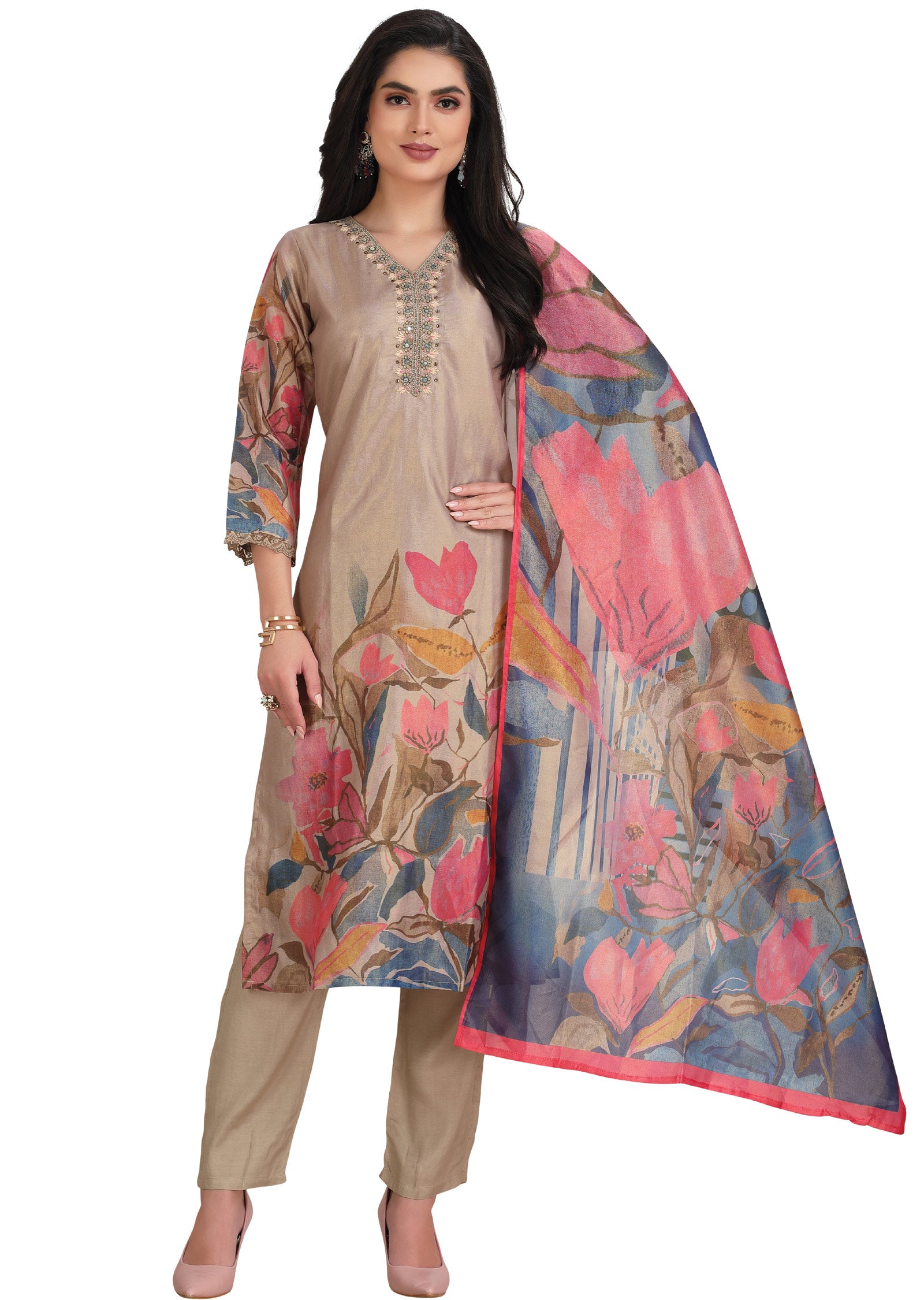 Fawn Tissue Silk Straight Cut Suit