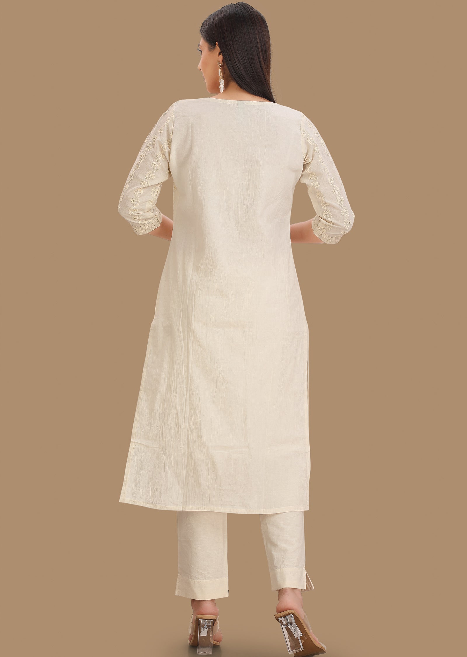 Off White Cotton Straight Cut Suits