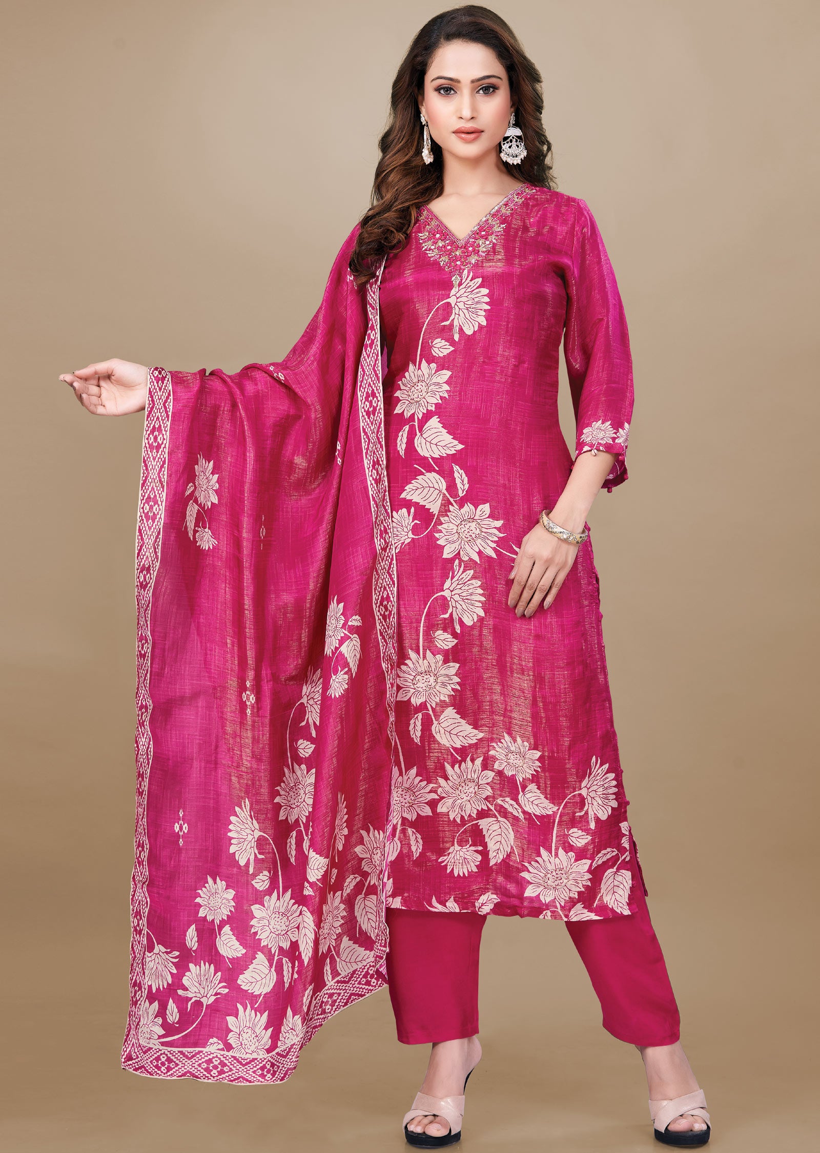 Jiyara Rani Pink Lacey Straight Suit Set main image 0