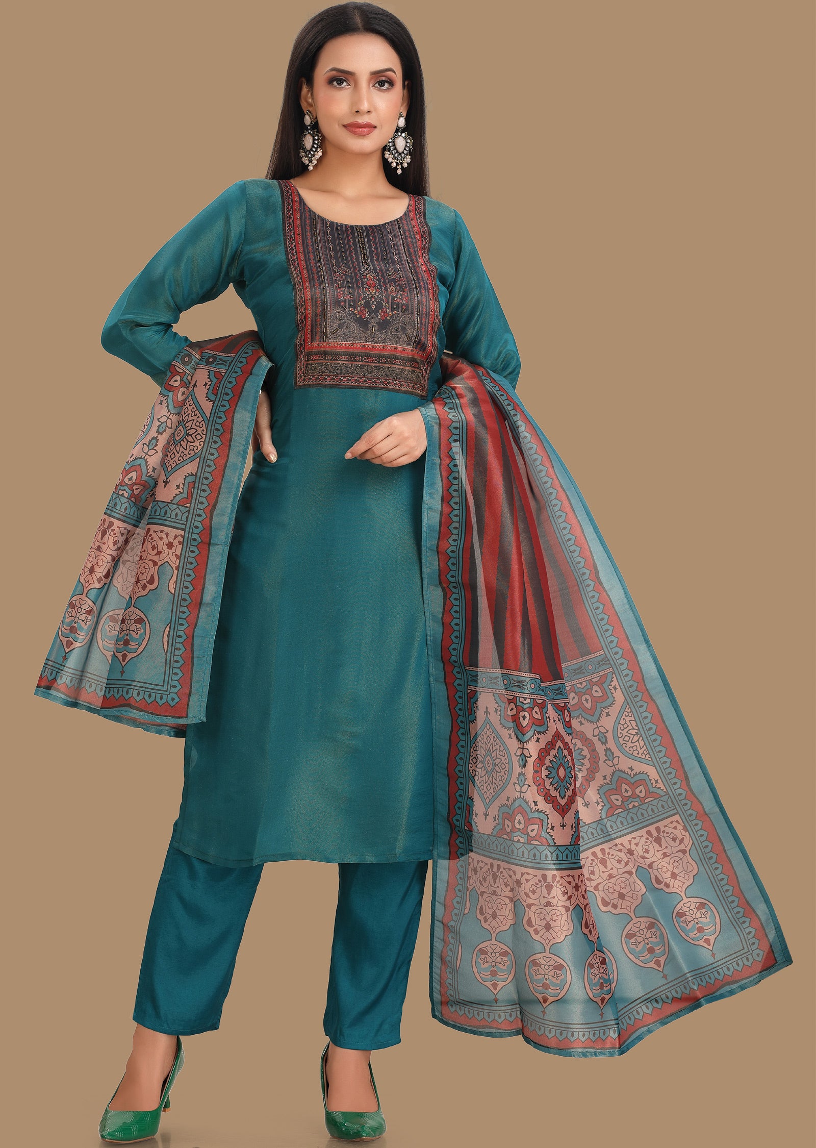 Women Turquoise Blue & Pink Woven Straight Cut Suit