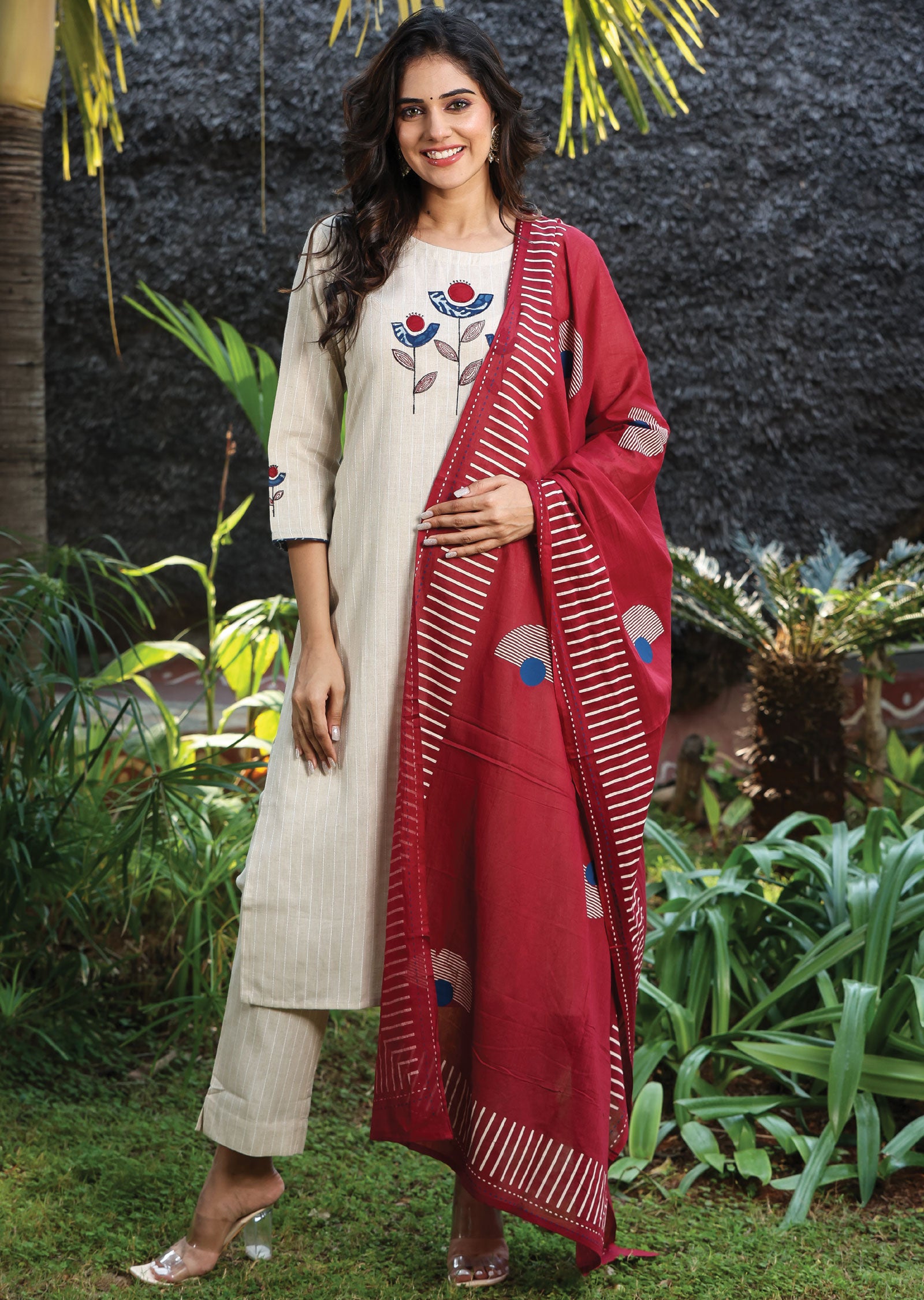 Beige Handloom Cotton Straight Cut Suit