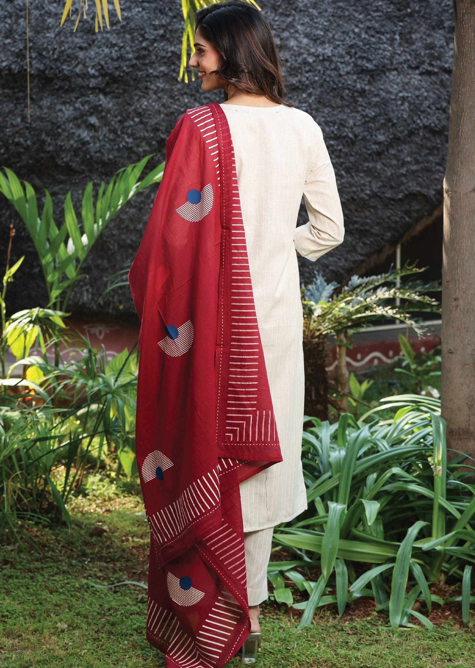 Beige Handloom Cotton Straight Cut Suit