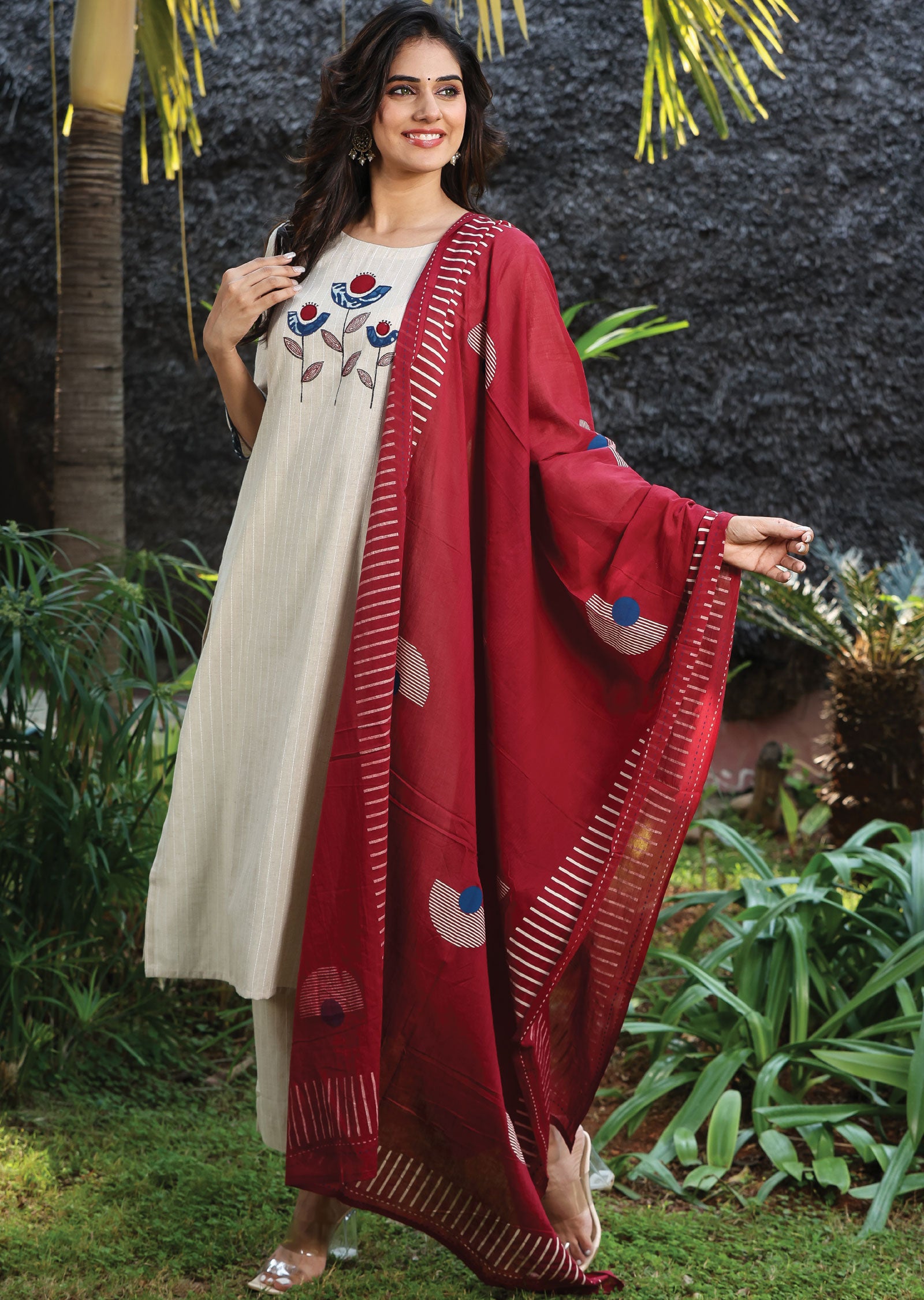 Beige Handloom Cotton Straight Cut Suit