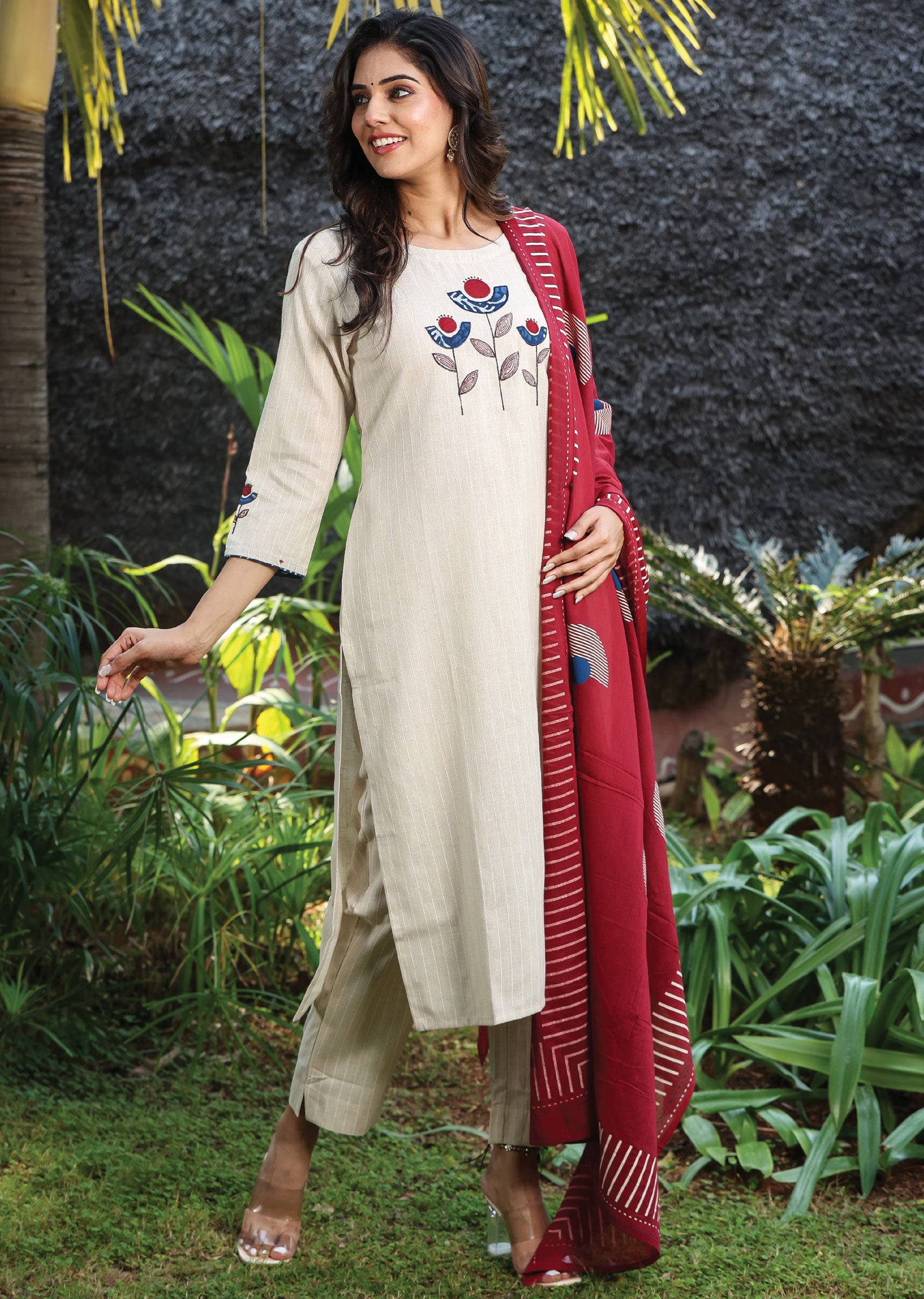 Beige Handloom Cotton Straight Cut Suit