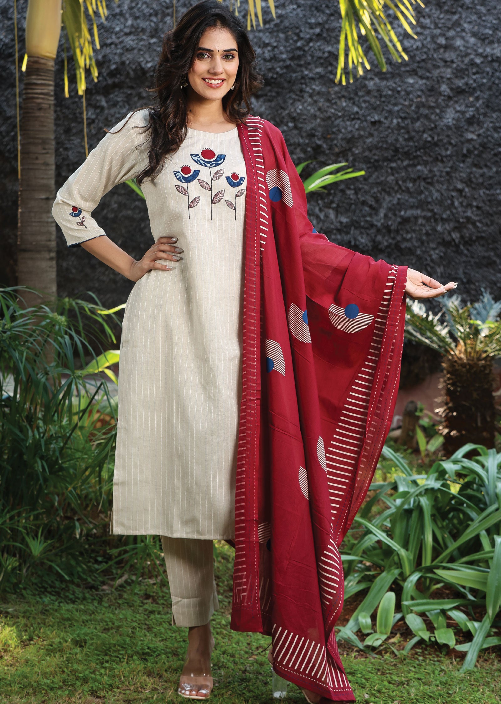 Beige Handloom Cotton Straight Cut Suit