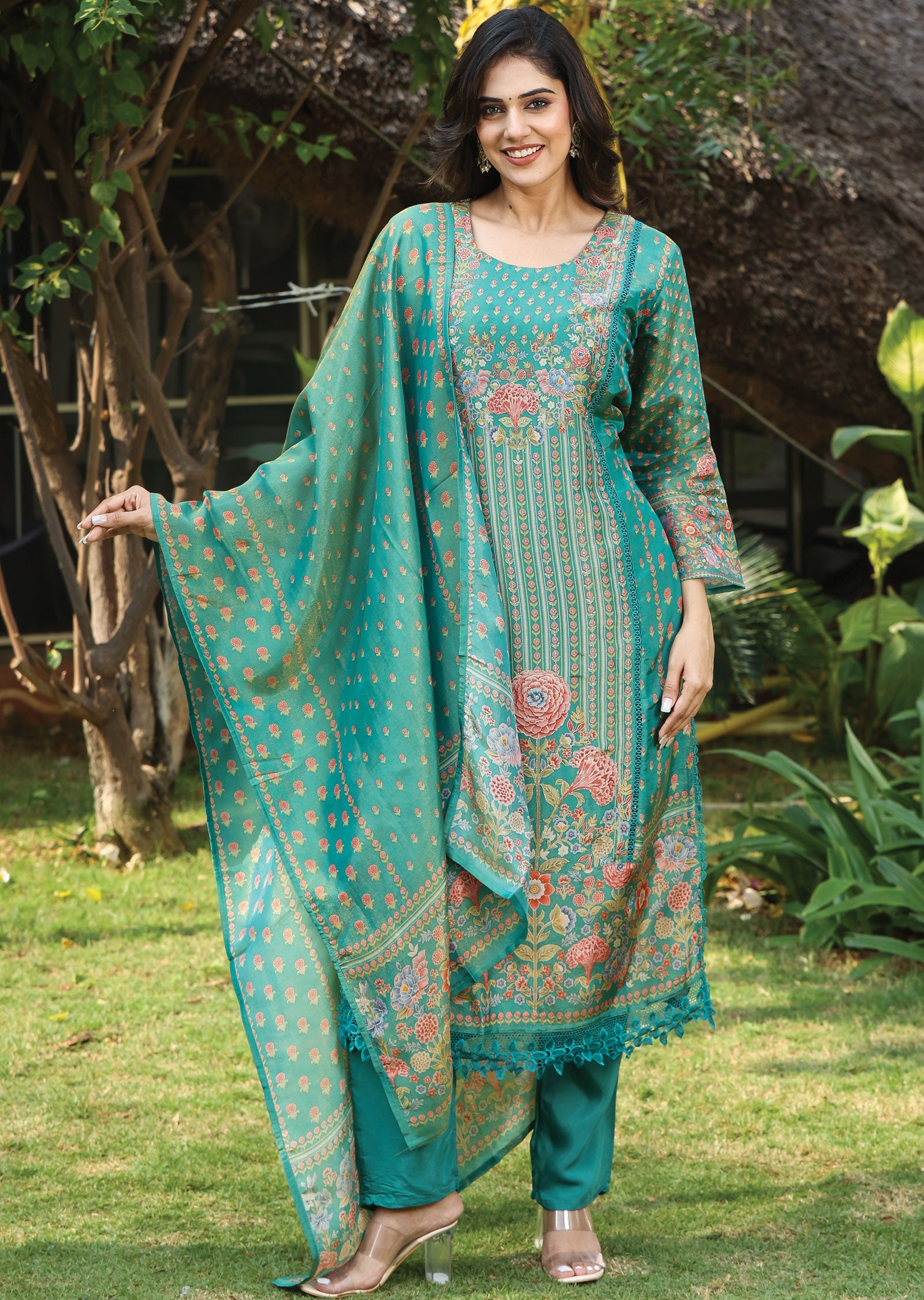 Rama Green Tissue Silk Straight Cut Suit