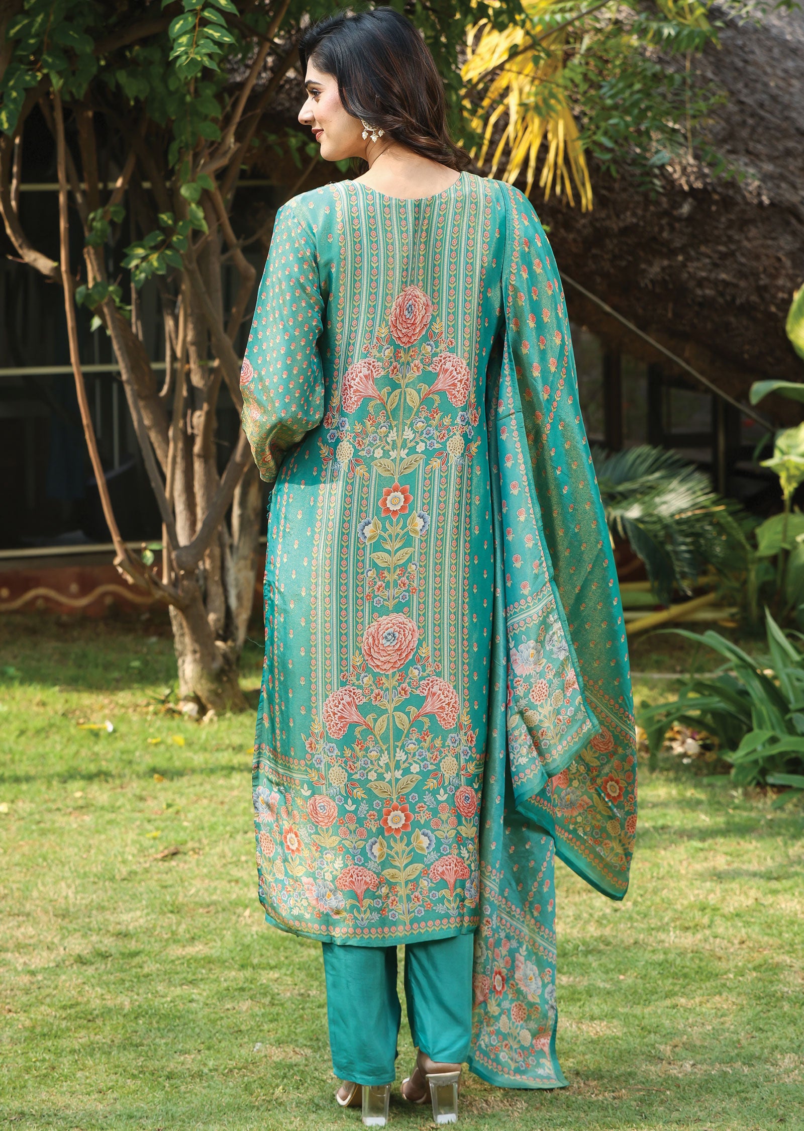Rama Green Tissue Silk Straight Cut Suit