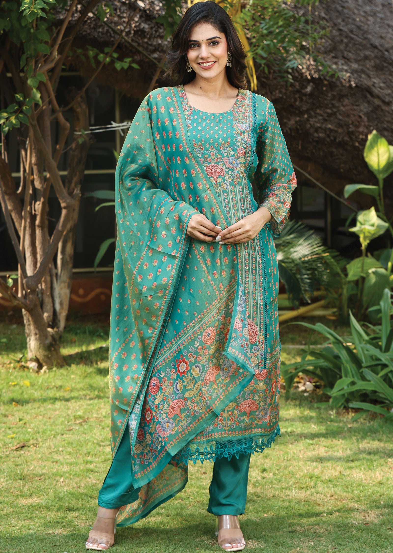 Rama Green Tissue Silk Straight Cut Suit