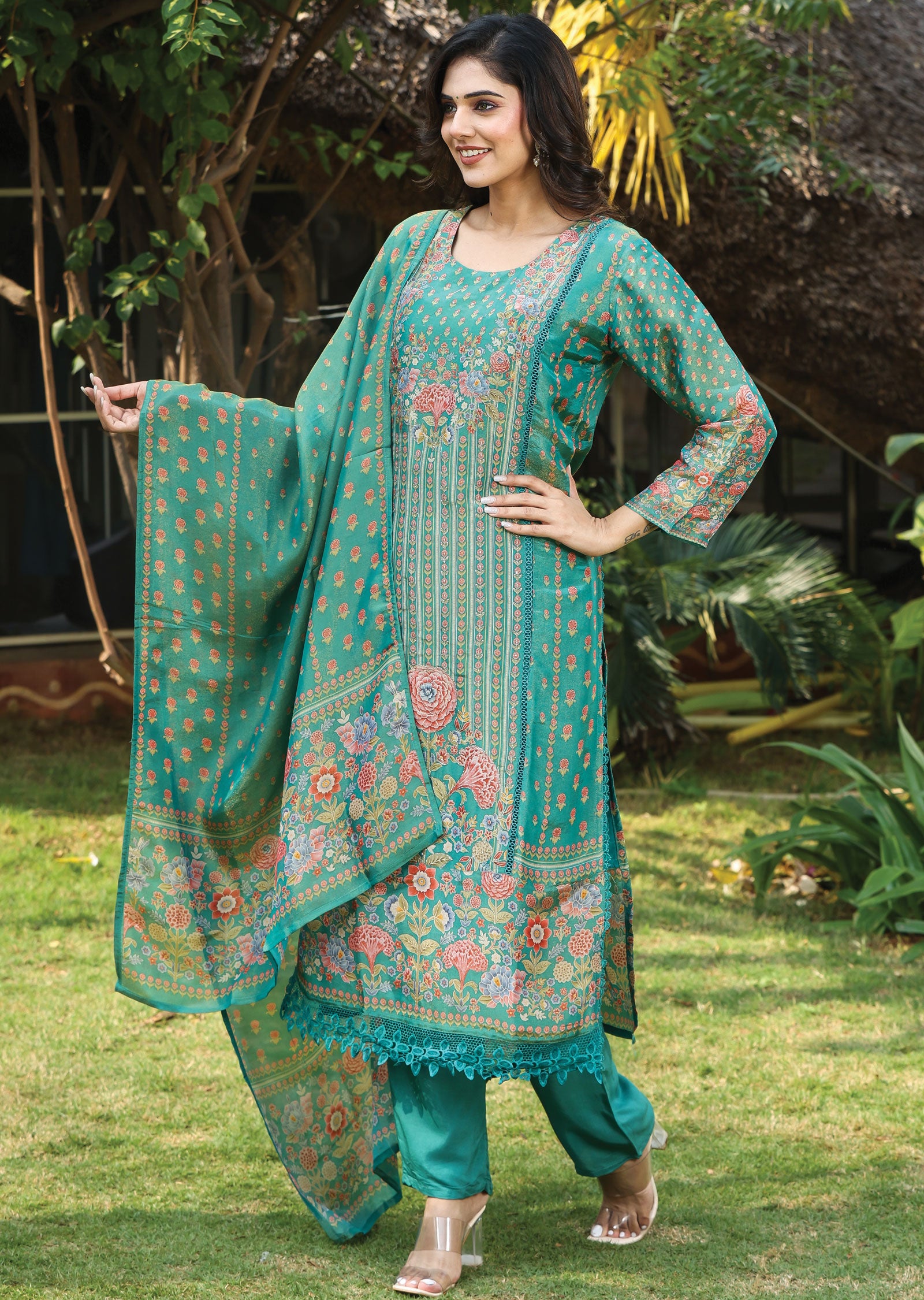 Rama Green Tissue Silk Straight Cut Suit