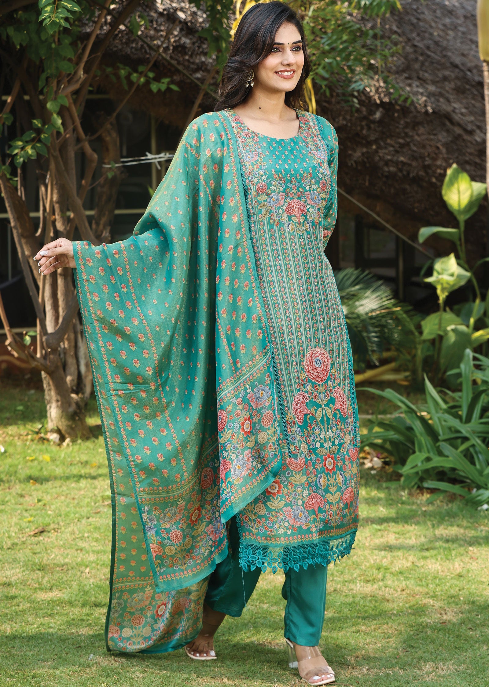 Rama Green Tissue Silk Straight Cut Suit