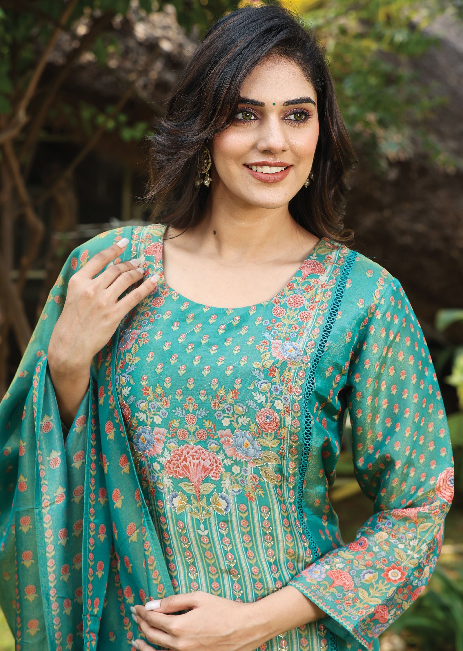 Rama Green Tissue Silk Straight Cut Suit