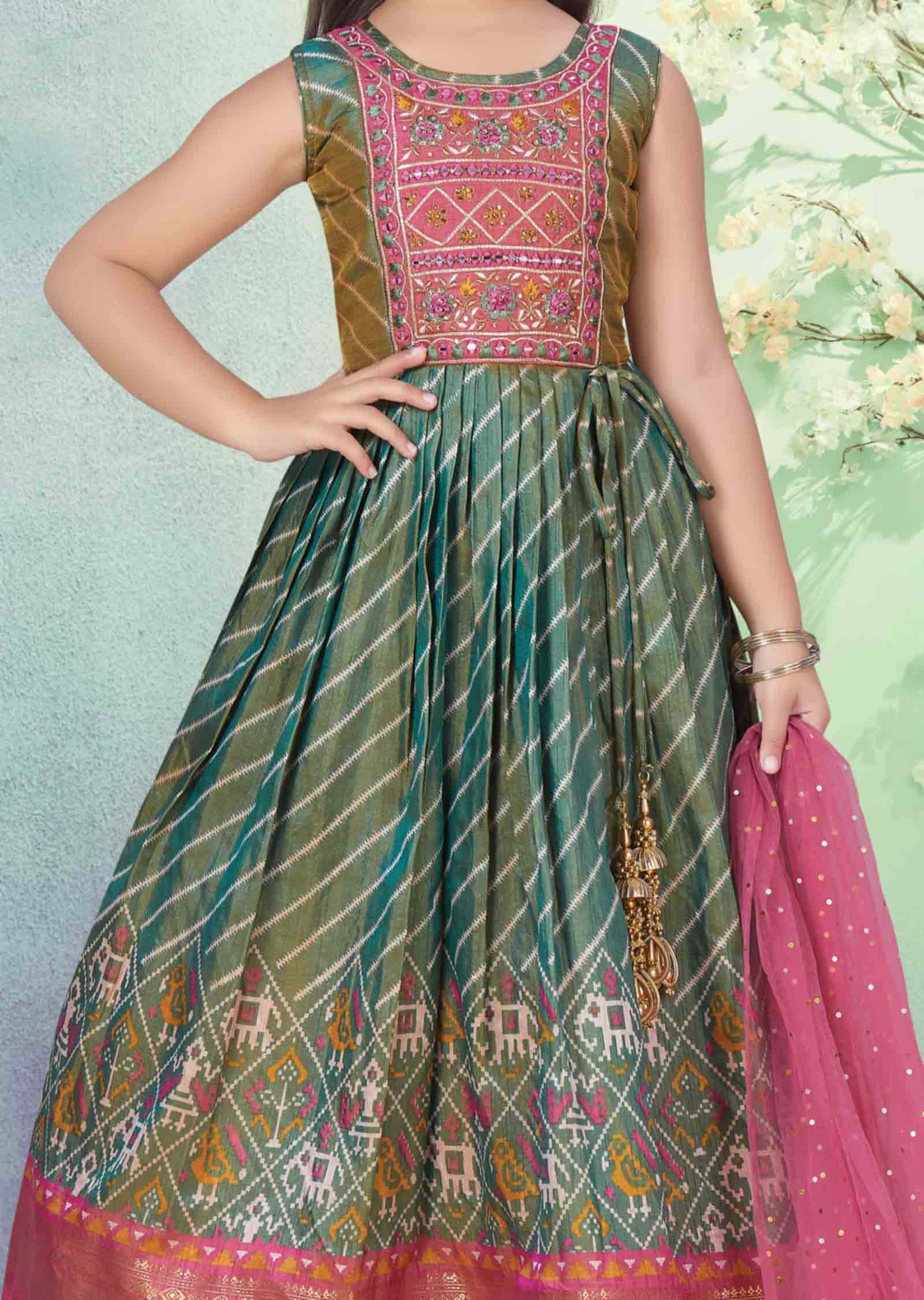 mehndi green Silk Printed Kids Anarkali