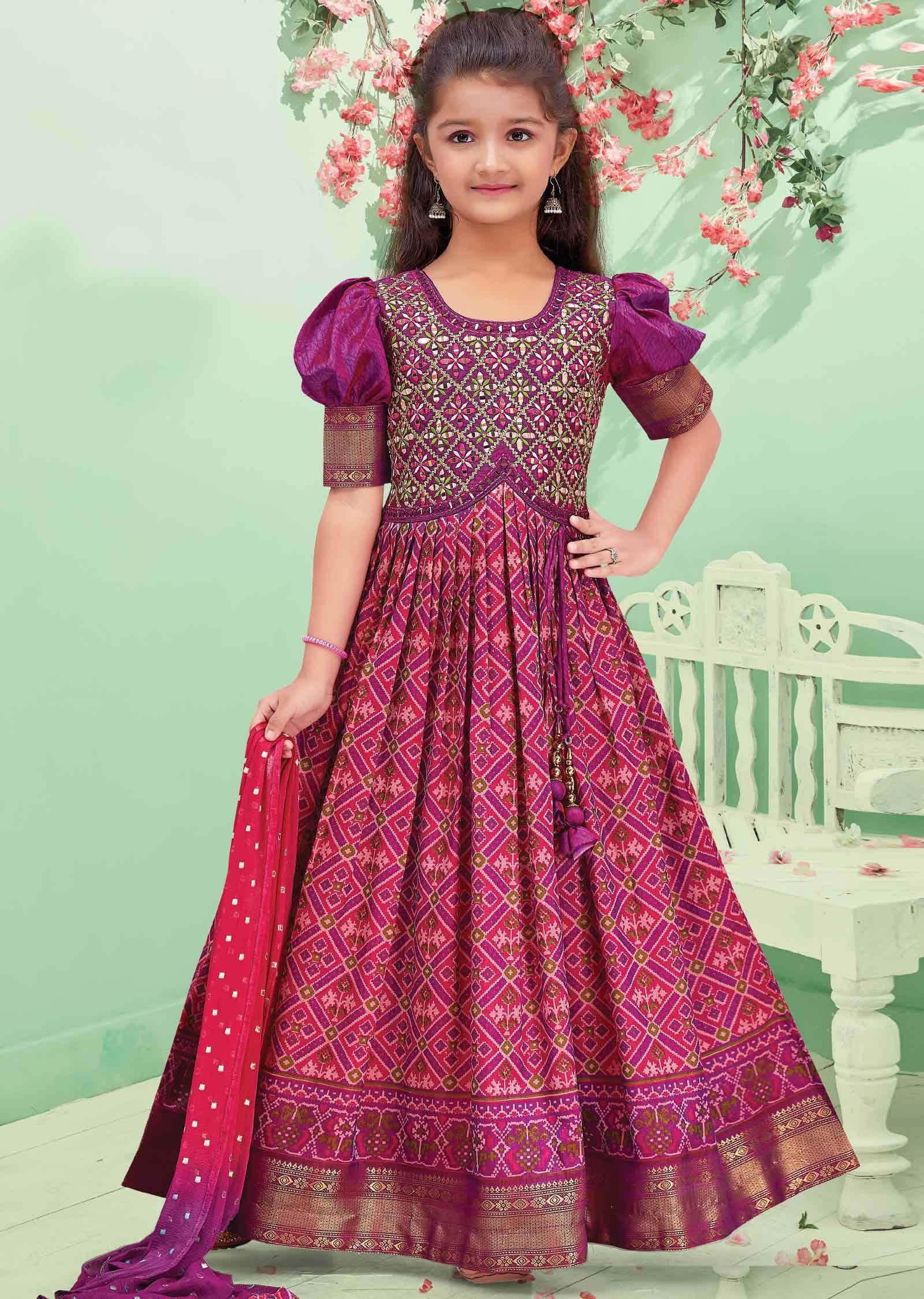 Light Purple/Rani Pink Ikkat Silk Embroidered Kidswear