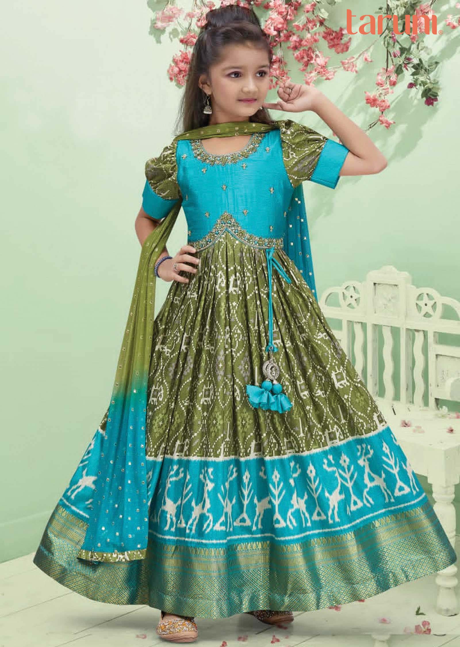 Sea Green Mehendi Green Ikkat Silk Embroidered Alia cut Kids Anarkali