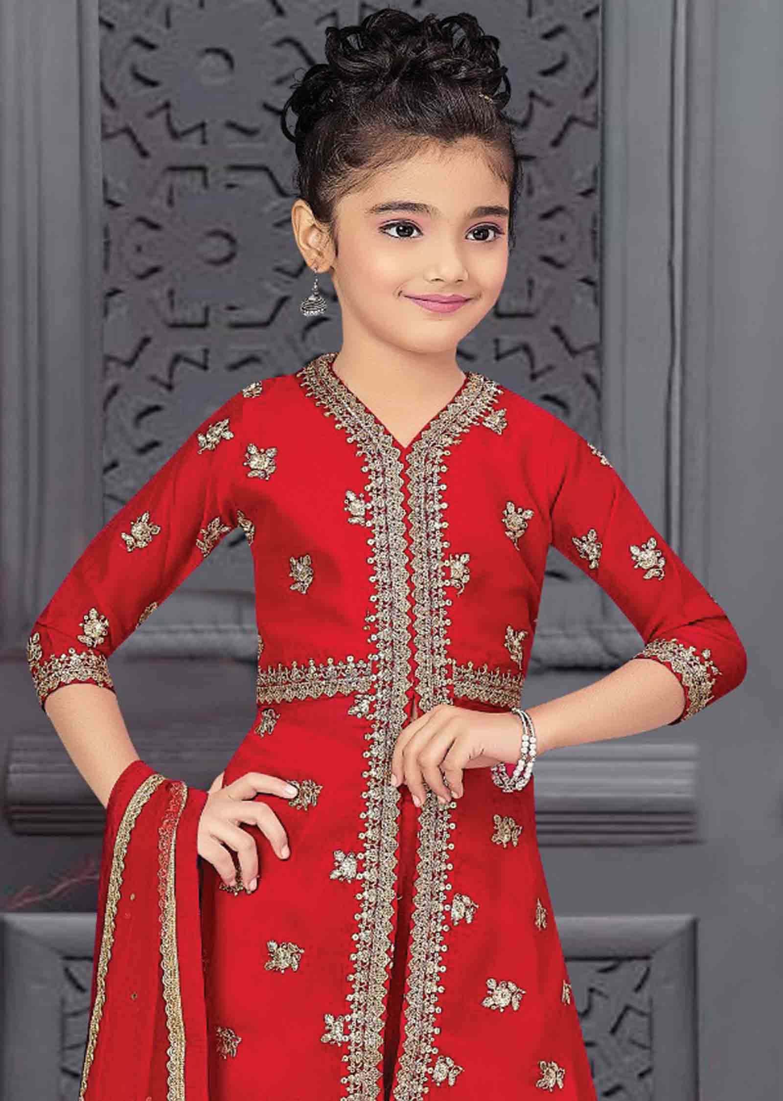 Red Georgette Embroidered Kids Anarkali