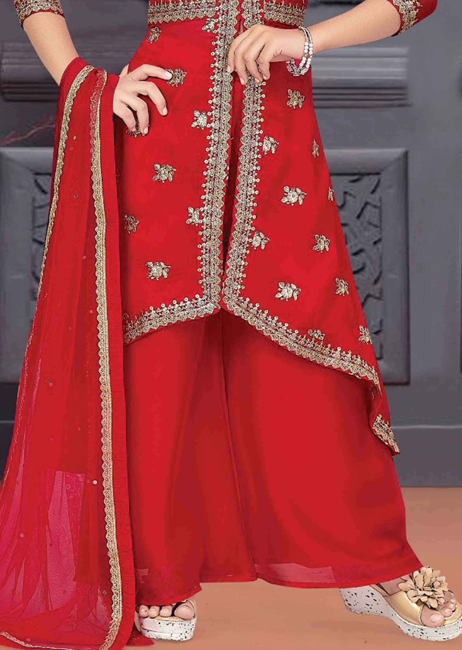 Red Georgette Embroidered Kids Anarkali