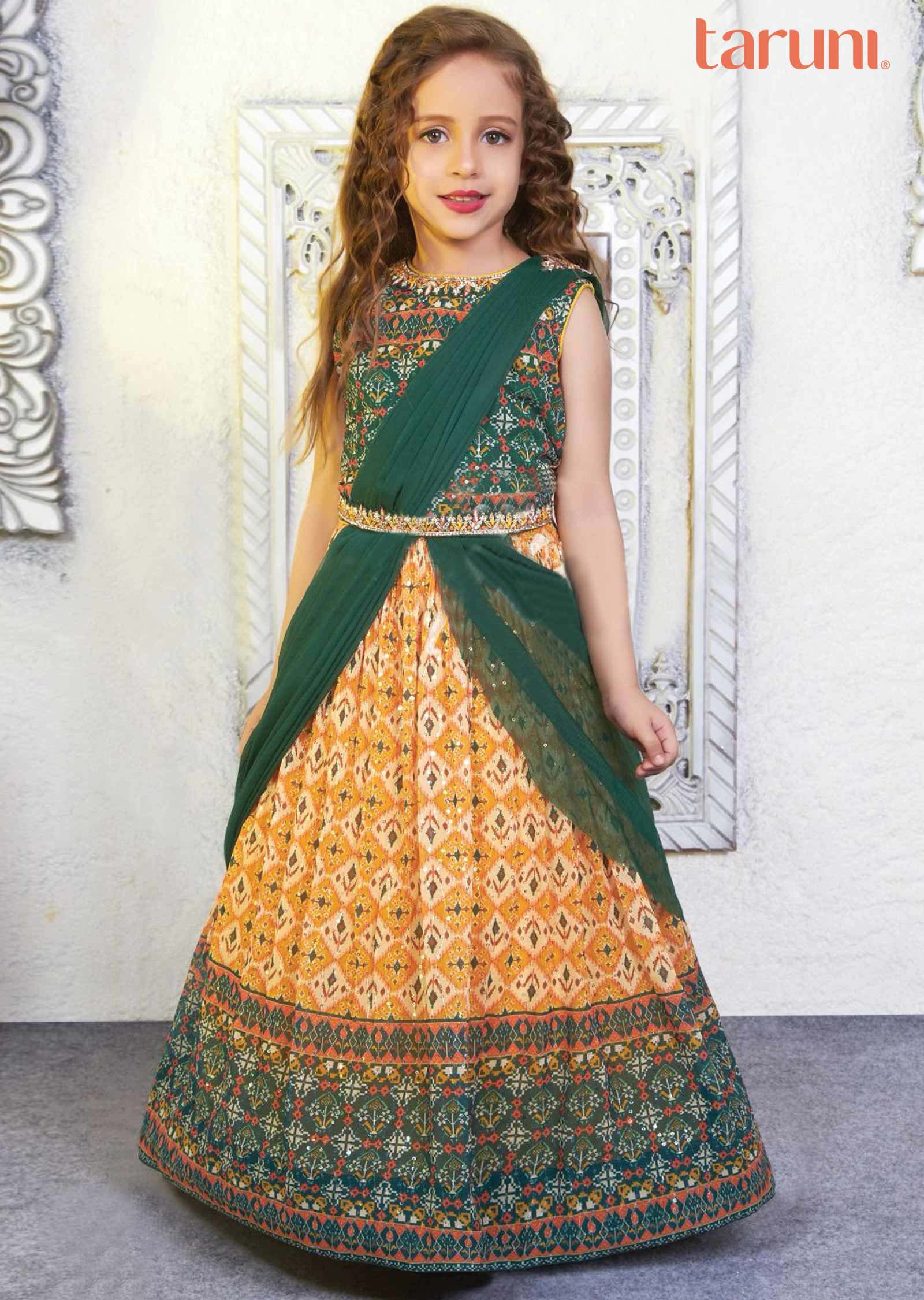 Green Mustard Georgette Embroidered Kids lehenga