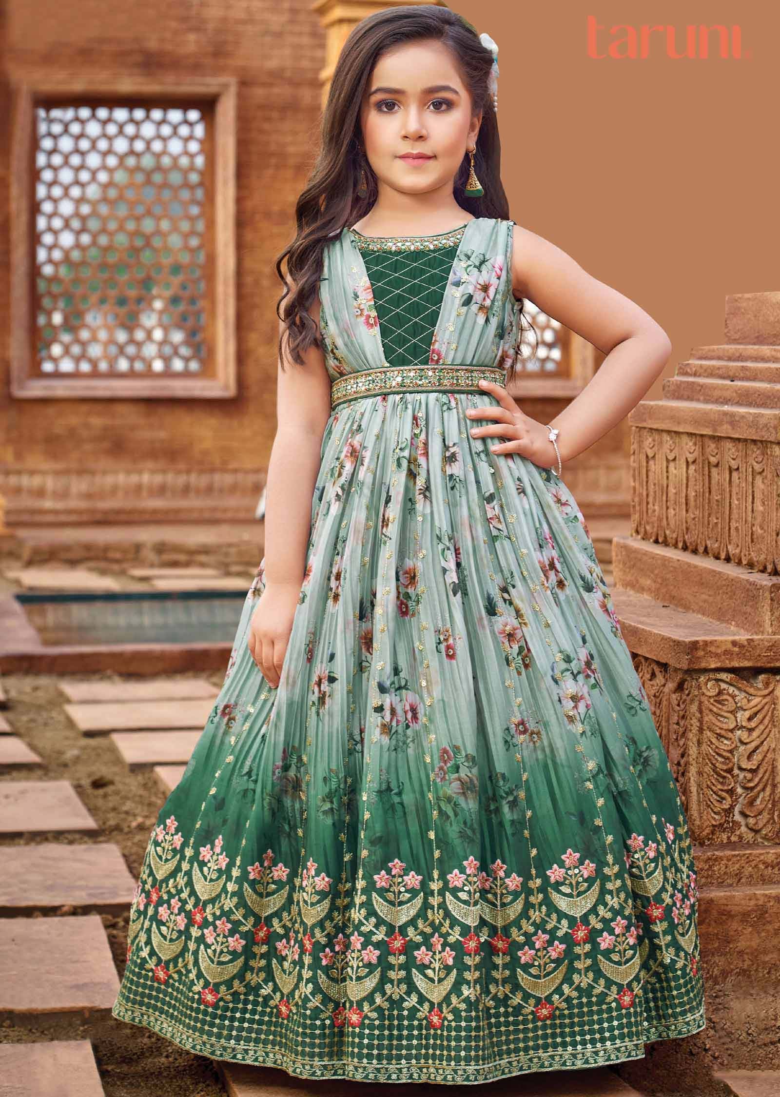 Dusty Green Muslin Zardosi Embroidered Kids Gown