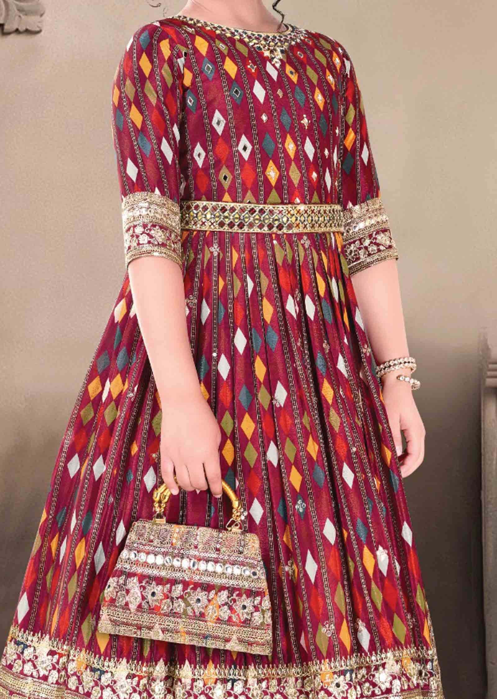 Maroon Chinnon Printed Kids Gown