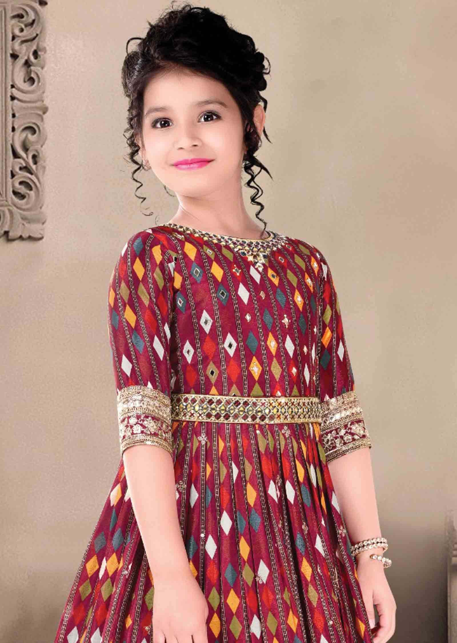 Maroon Chinnon Printed Kids Gown