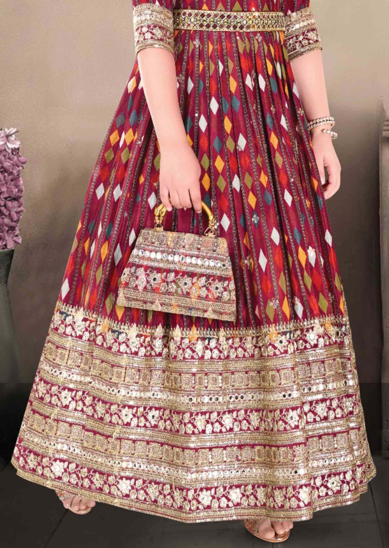 Maroon Chinnon Printed Kids Gown