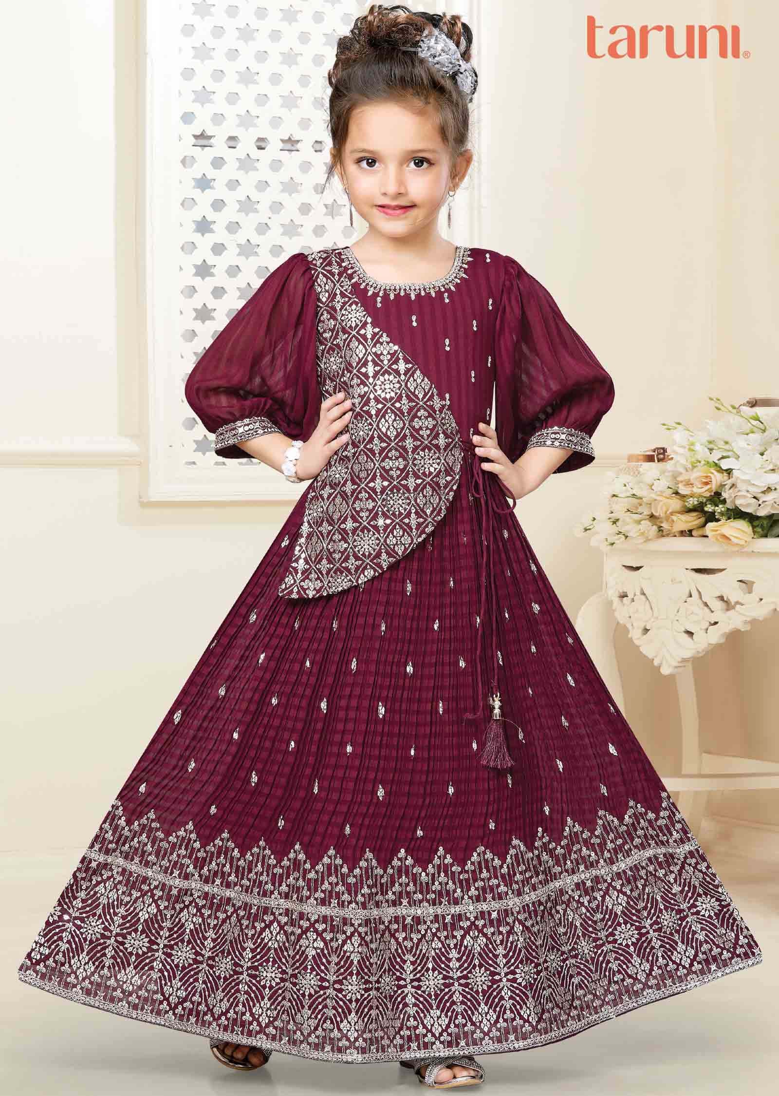 Dark Maroon Georgette Zardosi Embroidered Kids Gown
