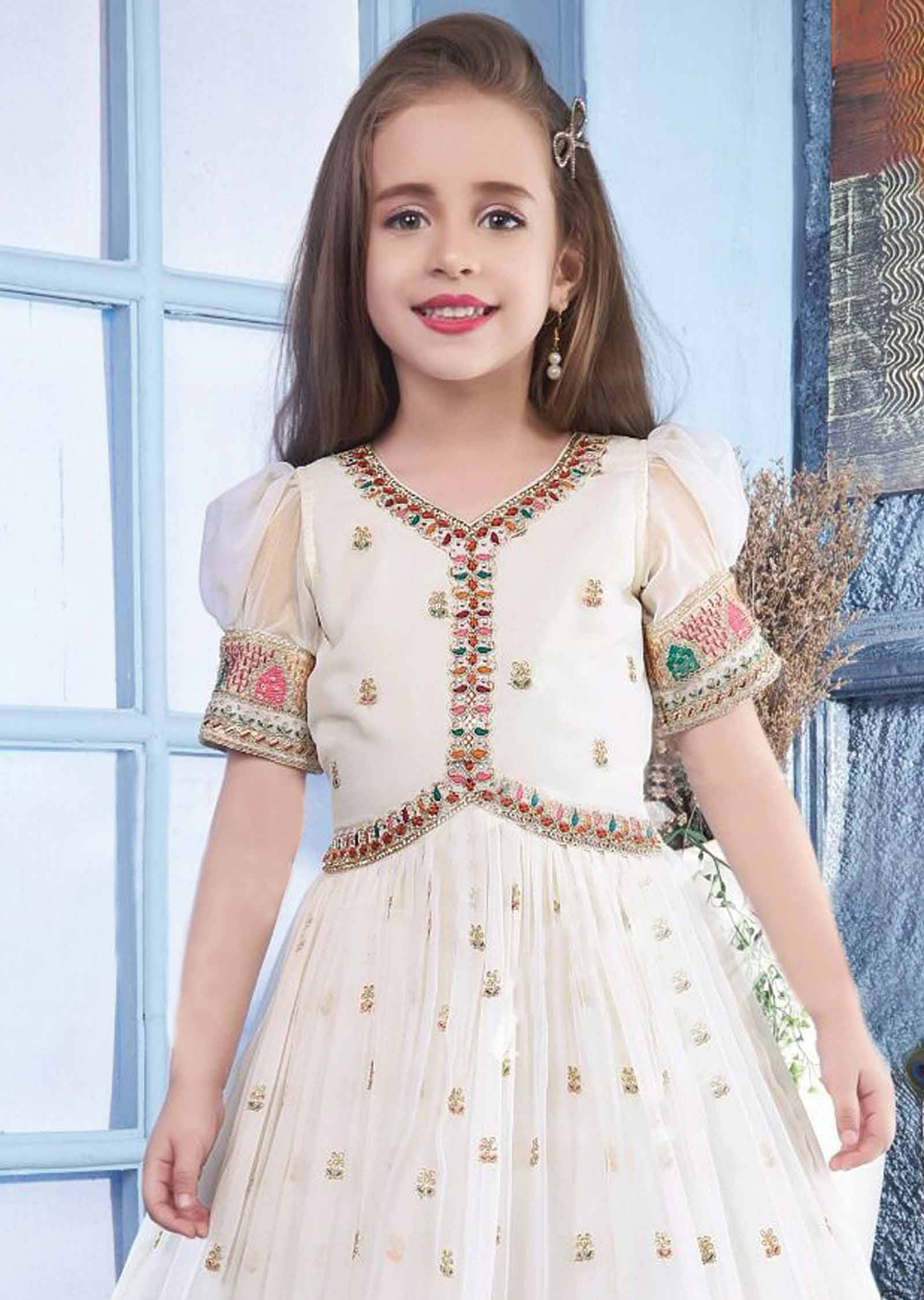 Off White Georgette Zardosi & Embroidered Alia cut Kids Gown