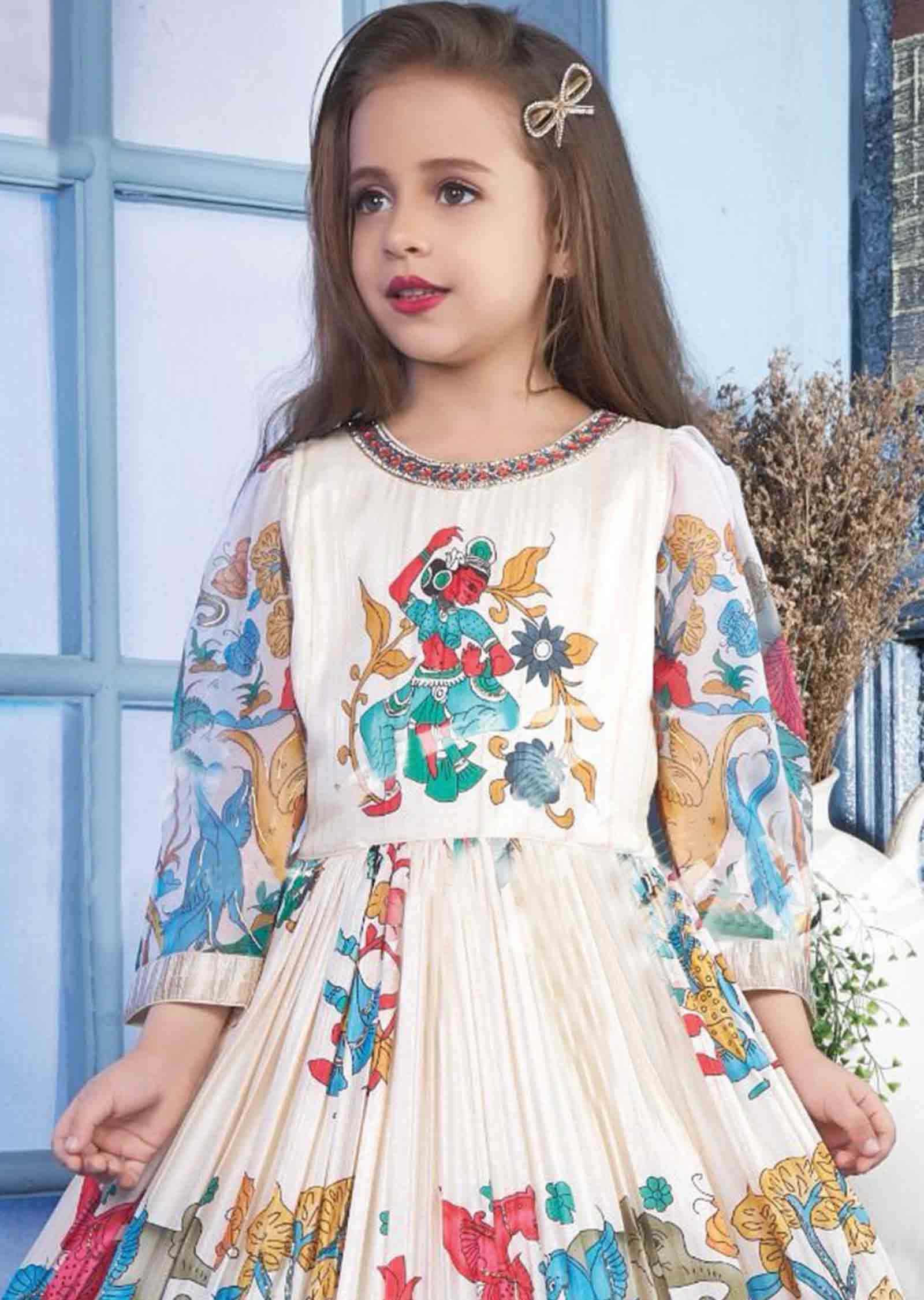 Beige Silk Printed Kids Gown