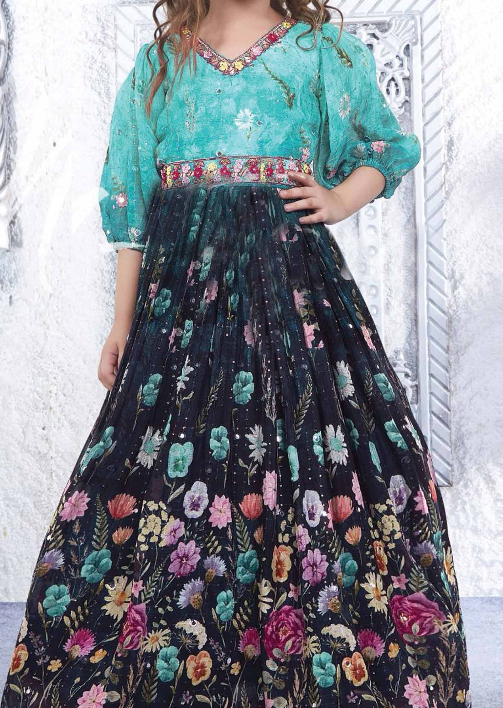 Sea Green & Navy Blue Chinnon Printed Kids Gown