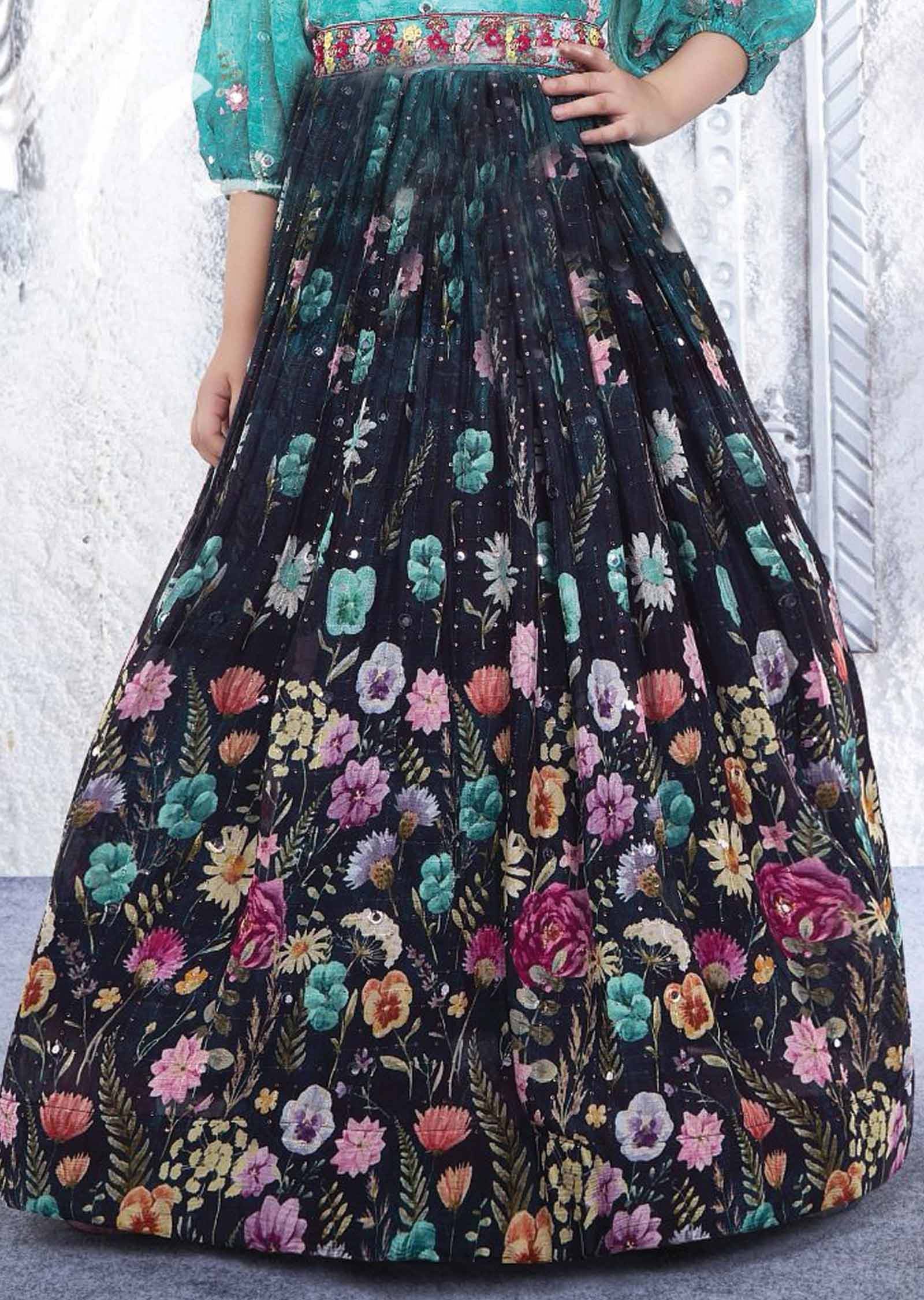 Sea Green & Navy Blue Chinnon Printed Kids Gown