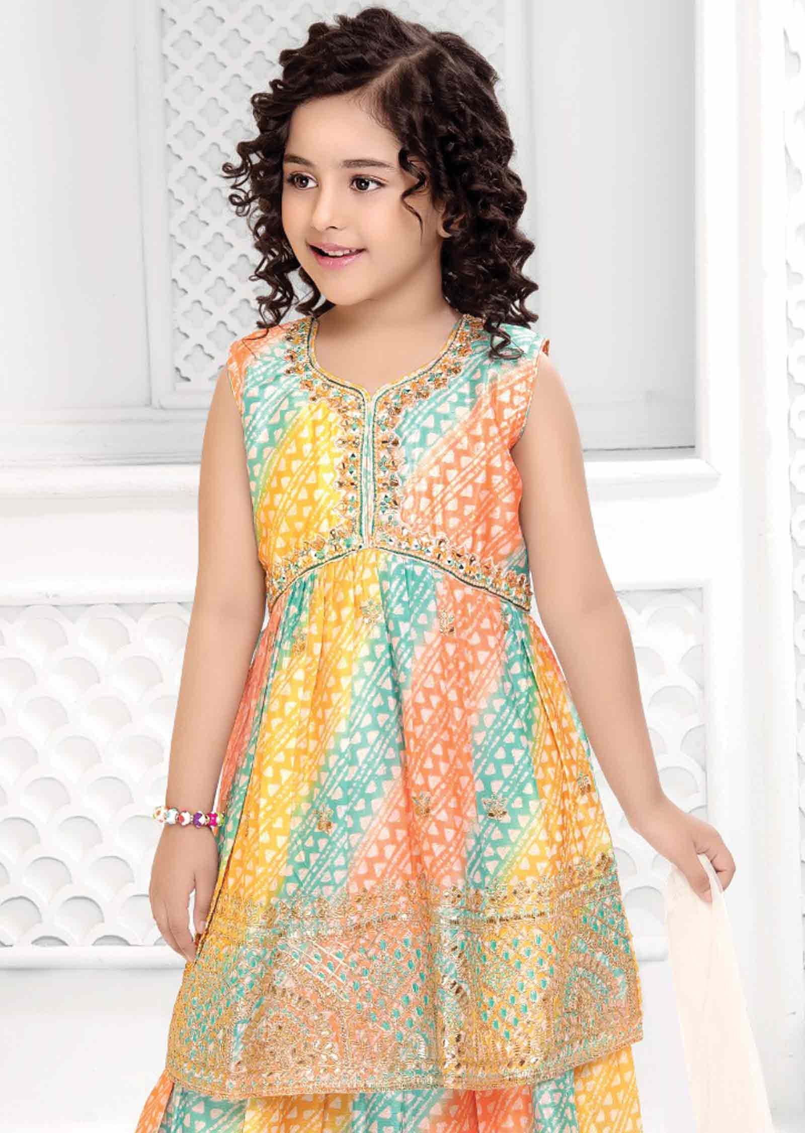Multi Color Chinnon Embroidered Alia cut Kids Gharara
