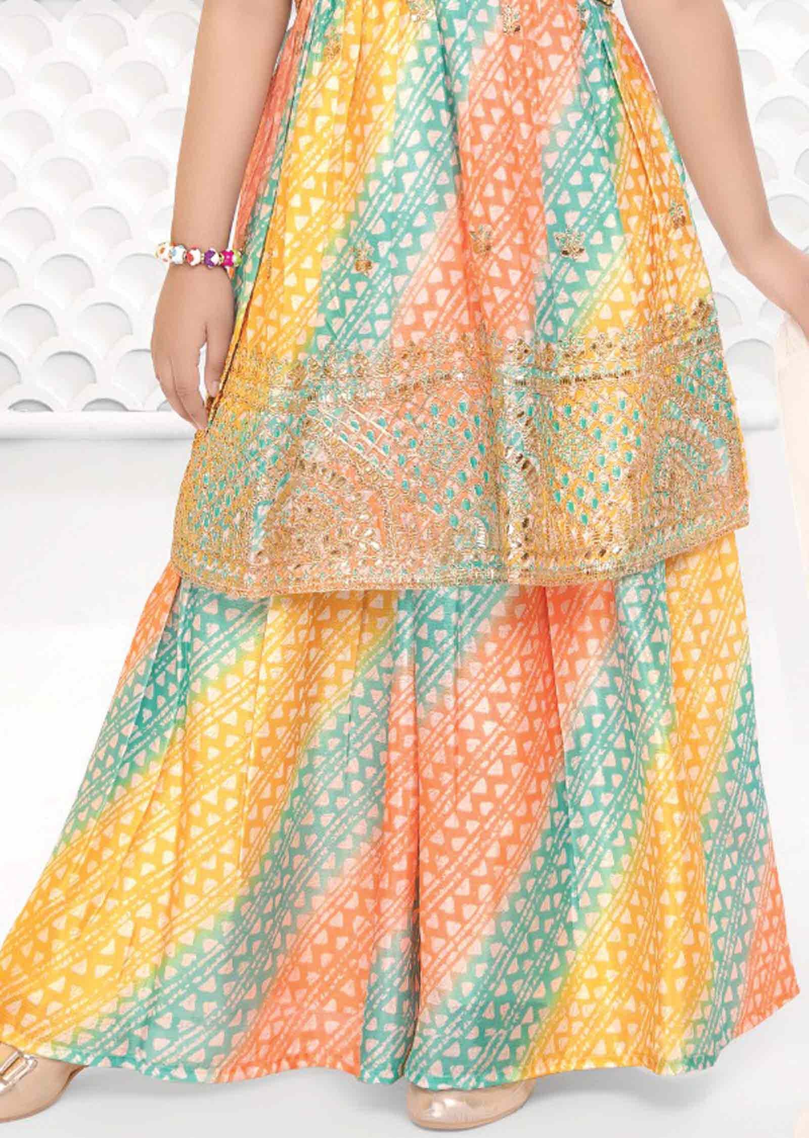 Multi Color Chinnon Embroidered Alia cut Kids Gharara