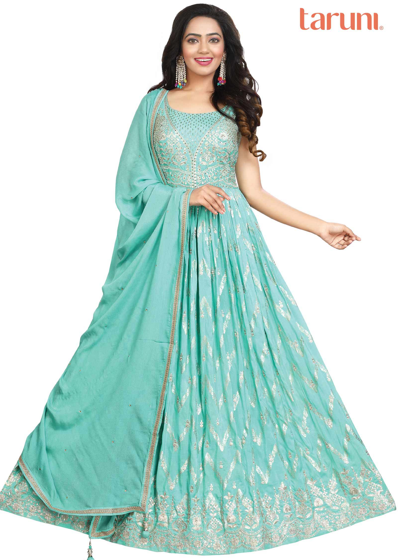 Sea Green Banaras Silk Embroidered Anarkali