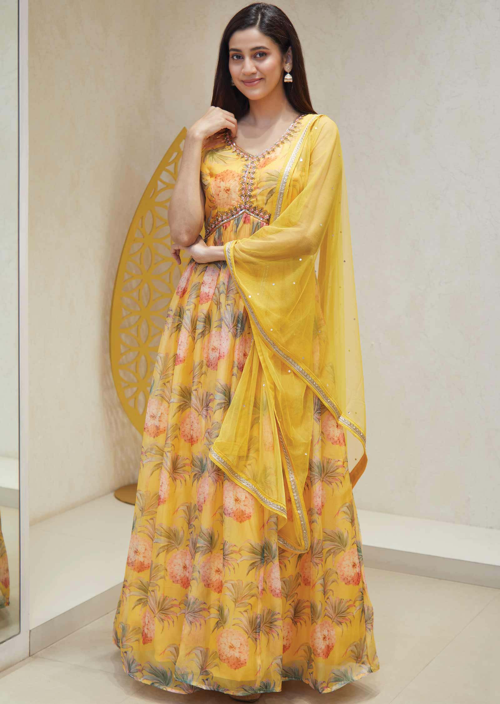 Yellow Organza Sequins Anarkali