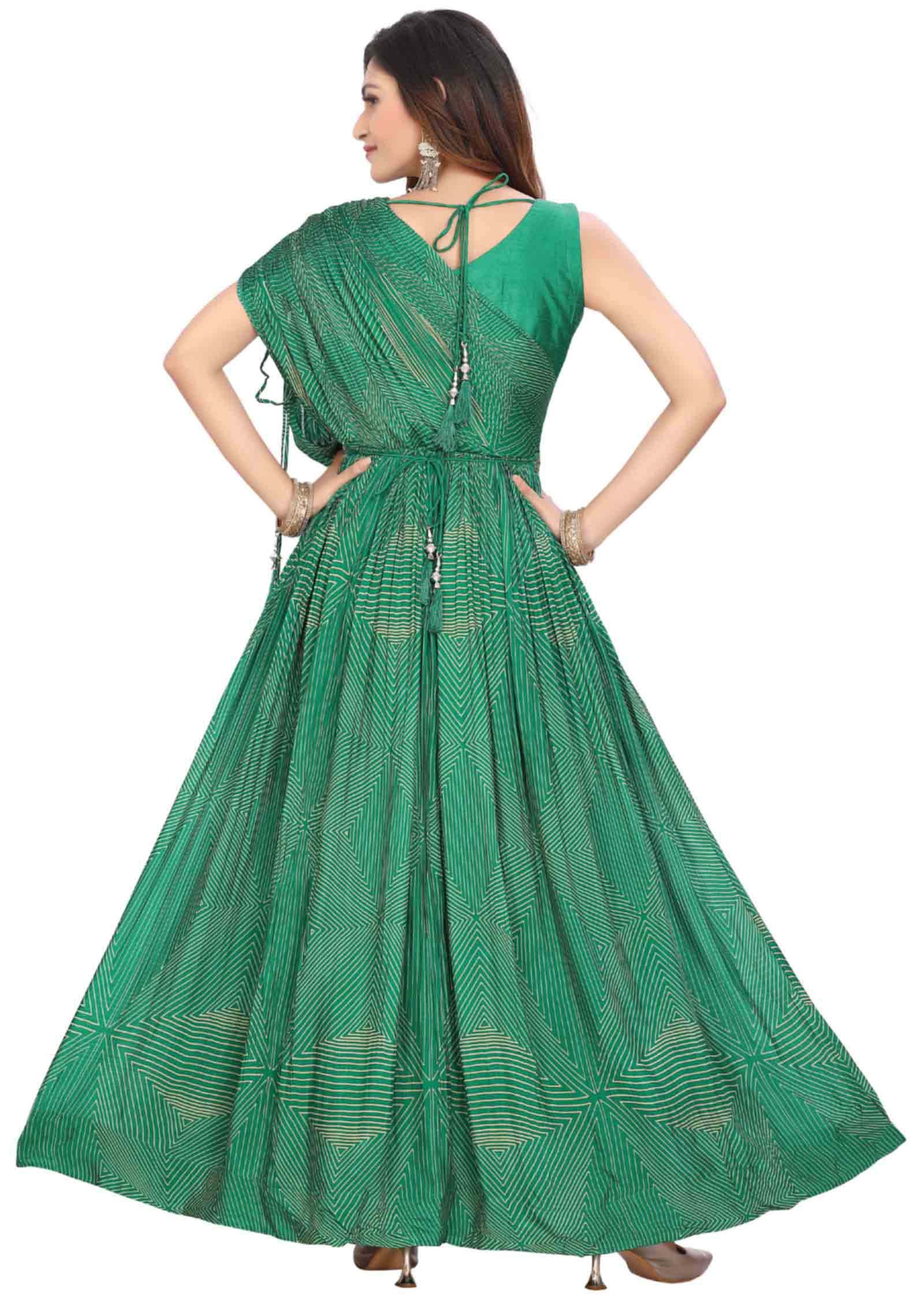 Green Chinnon Printed Anarkali