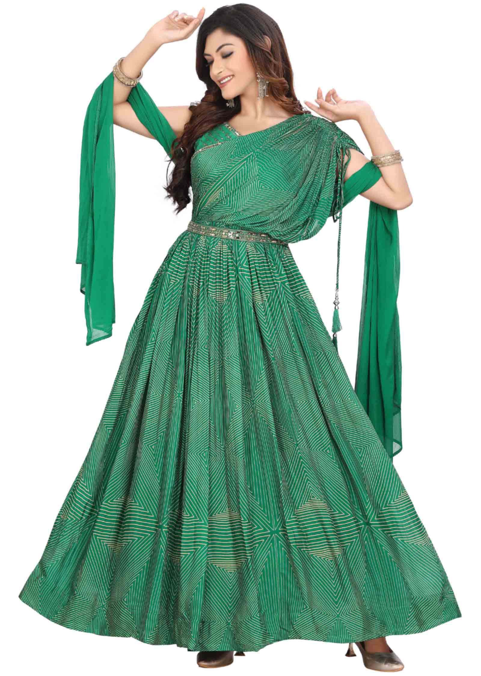 Green Chinnon Printed Anarkali