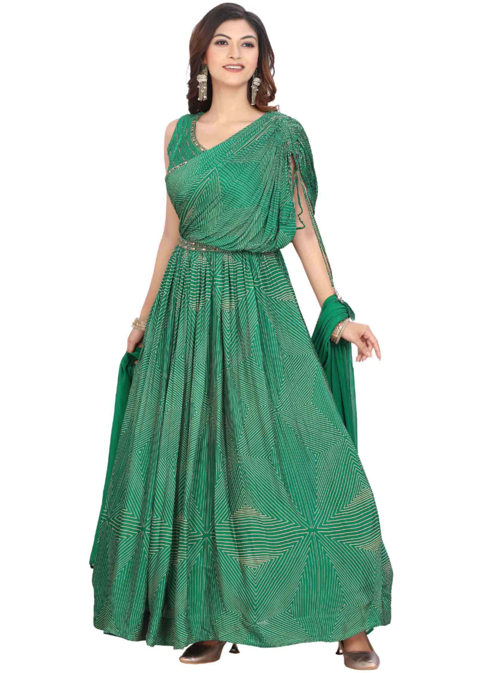 Green Chinnon Printed Anarkali