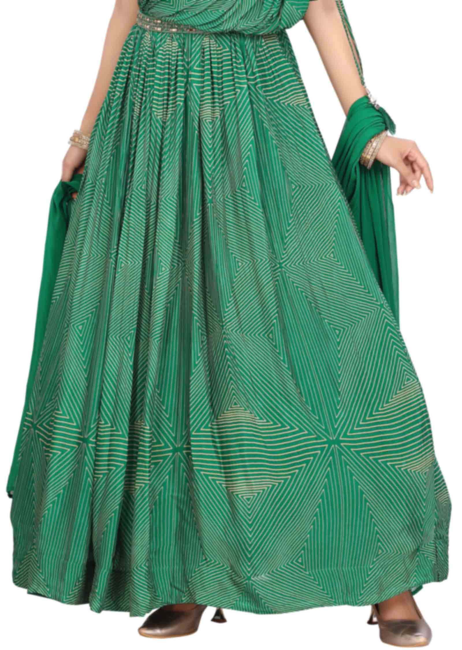 Green Chinnon Printed Anarkali