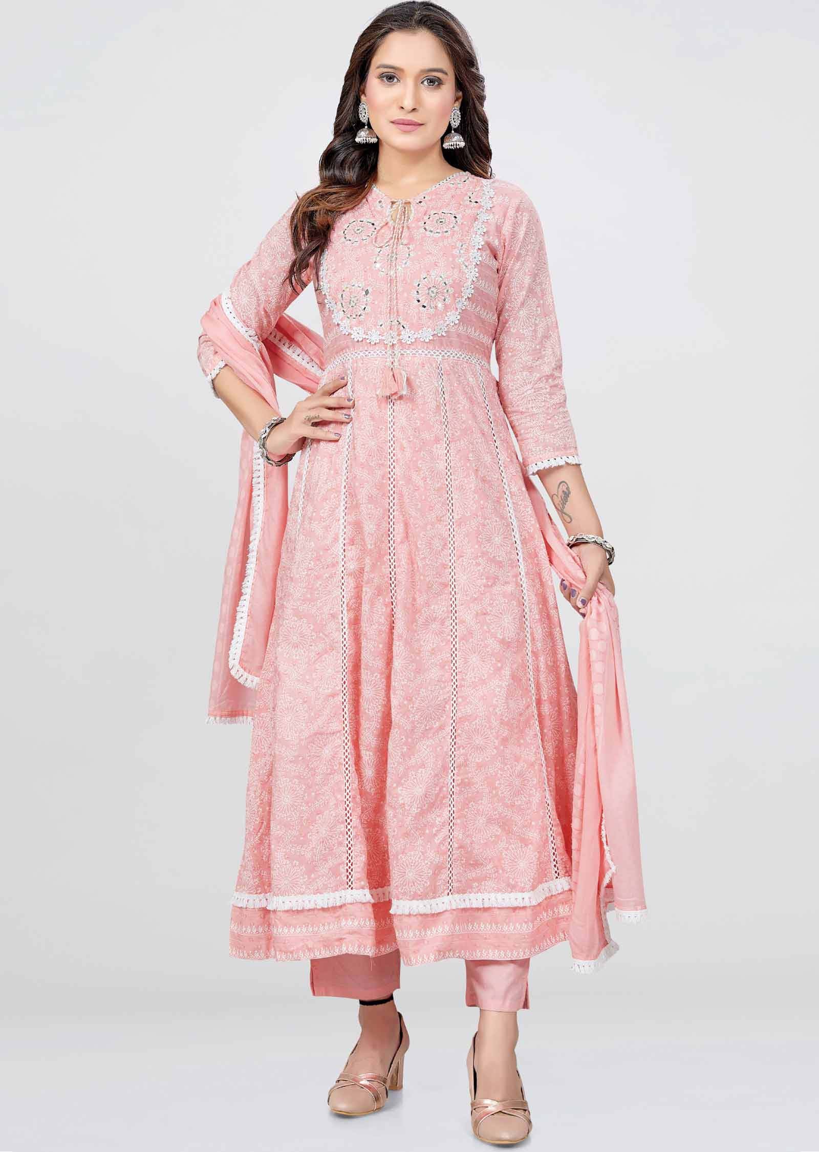 Pink Cotton Printed Anarkali