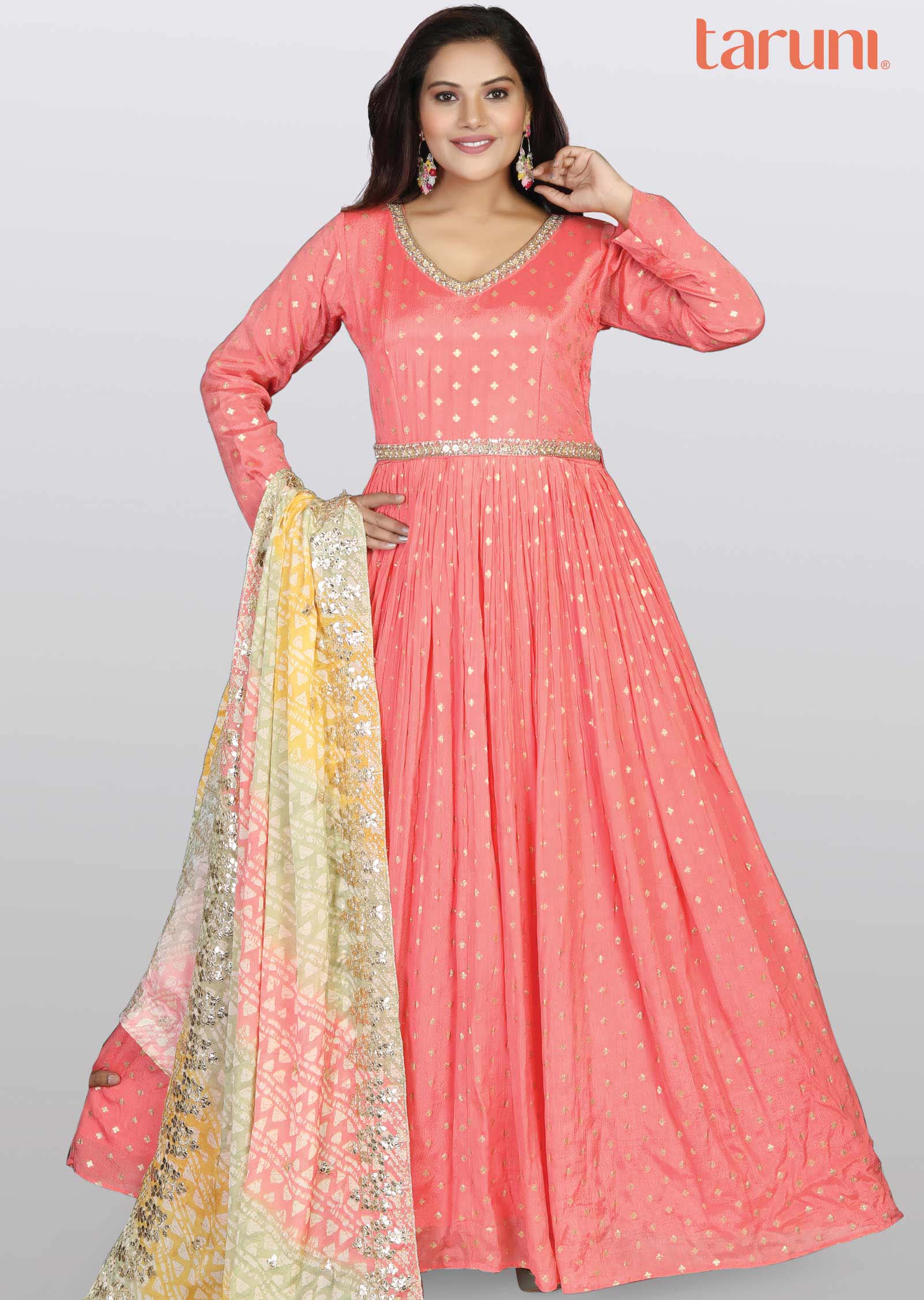Peach Banaras Chinnon Embroidered Anarkali
