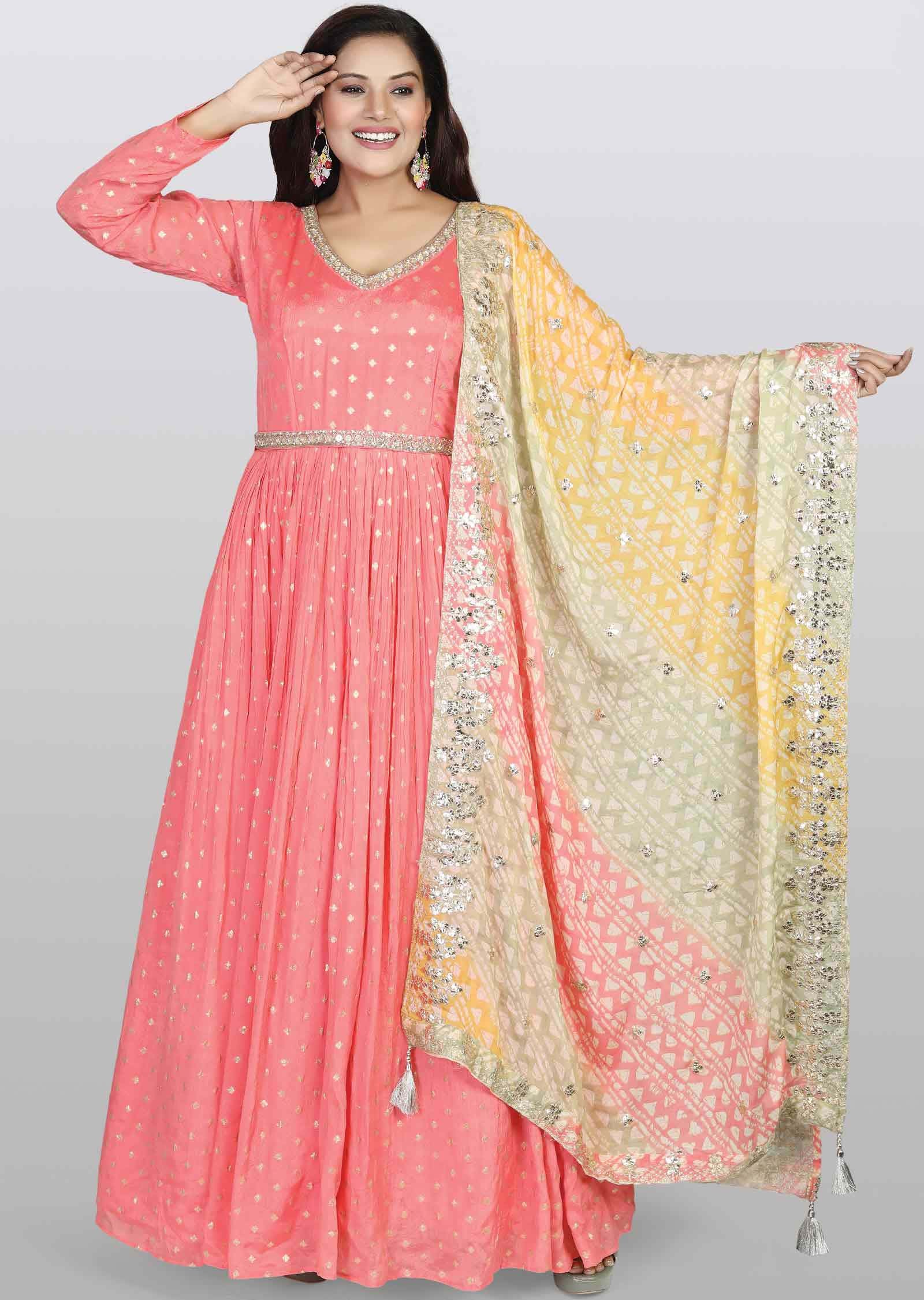 Peach Banaras Chinnon Embroidered Anarkali