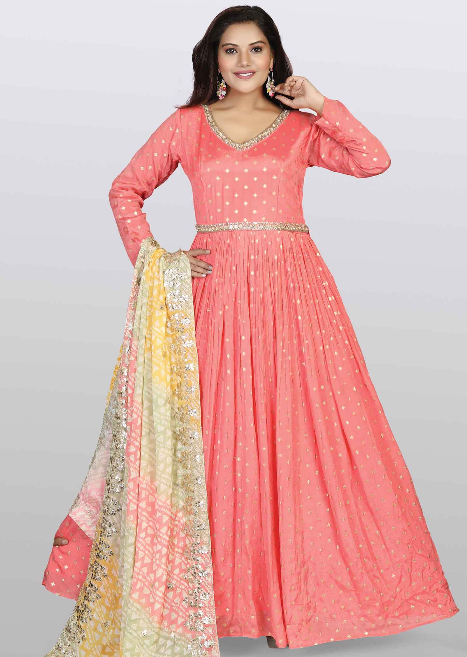 Peach Banaras Chinnon Embroidered Anarkali