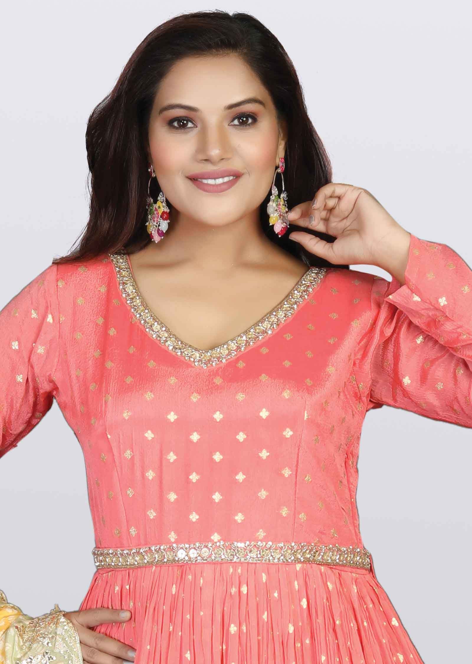 Peach Banaras Chinnon Embroidered Anarkali