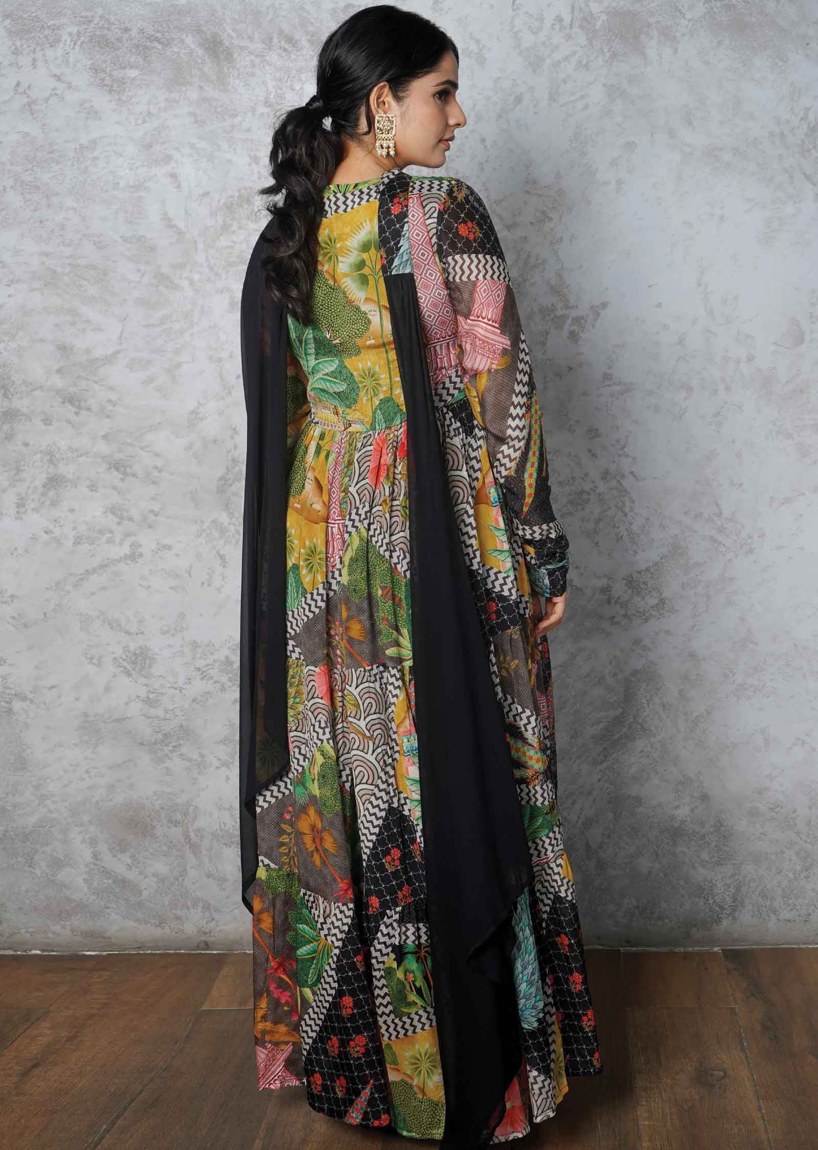 Black & Multi color Chinnon Embroidered Anarkali