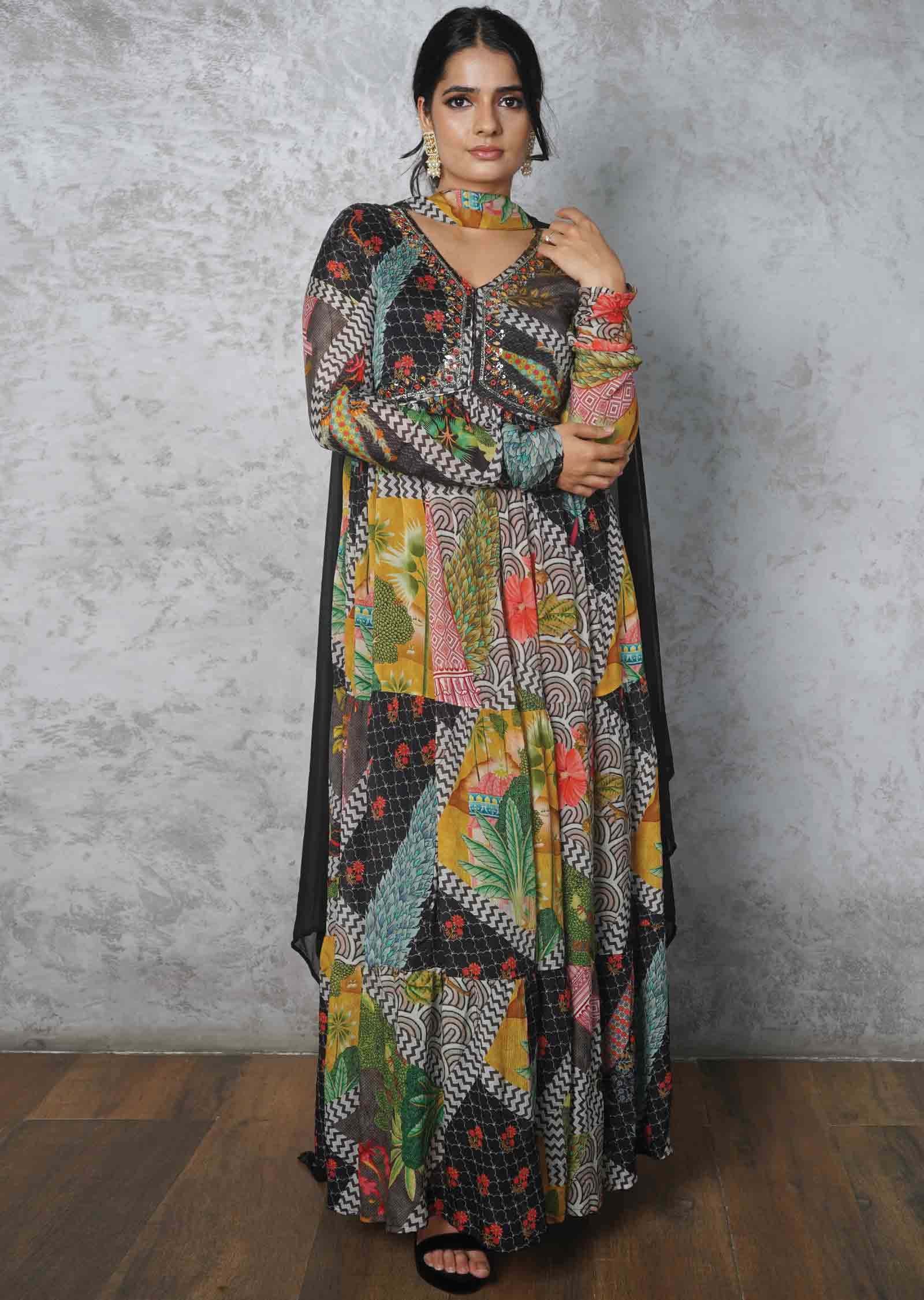 Black & Multi color Chinnon Embroidered Anarkali