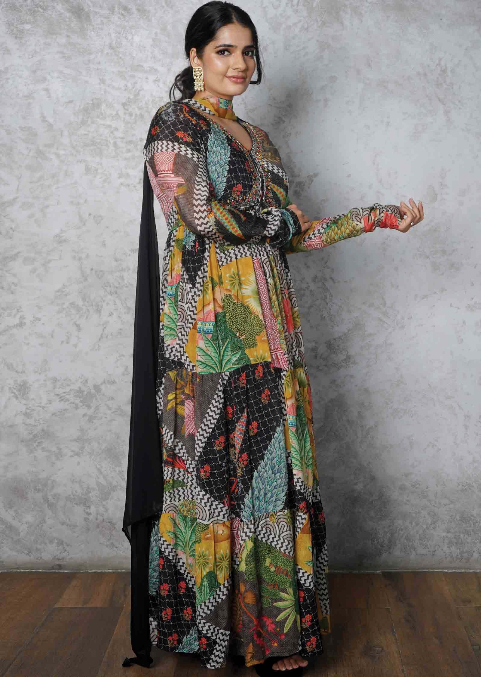 Black & Multi color Chinnon Embroidered Anarkali
