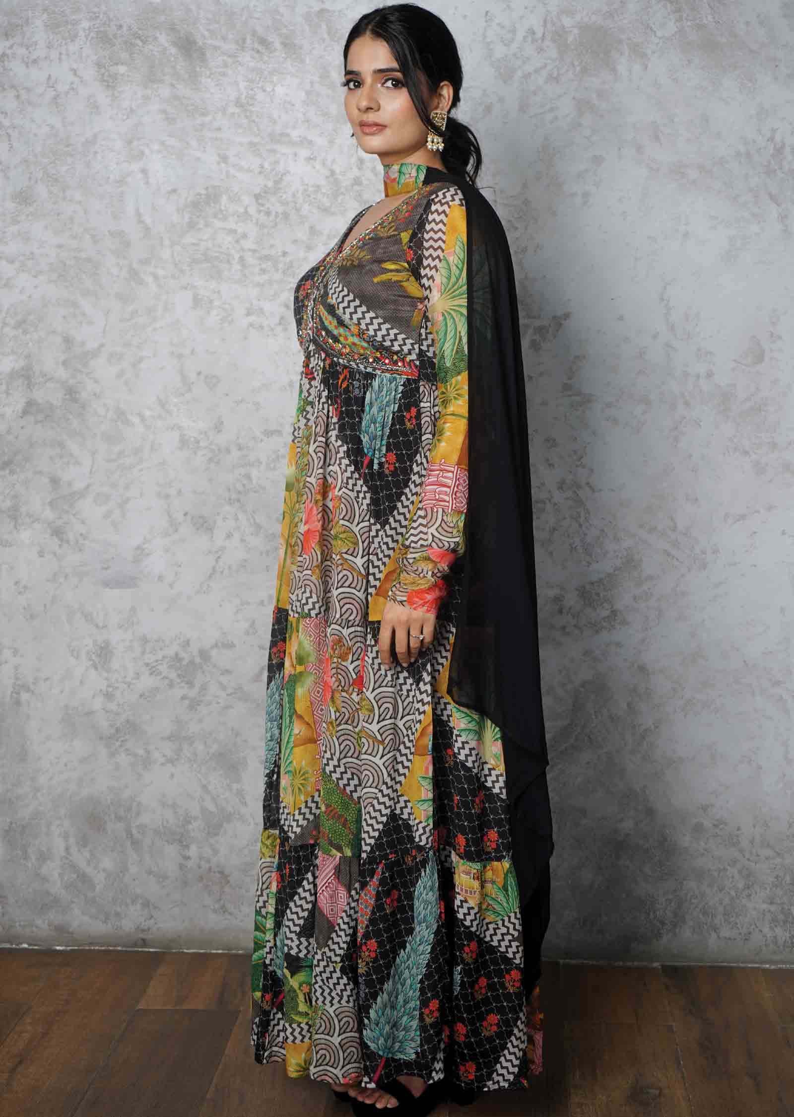 Black & Multi color Chinnon Embroidered Anarkali