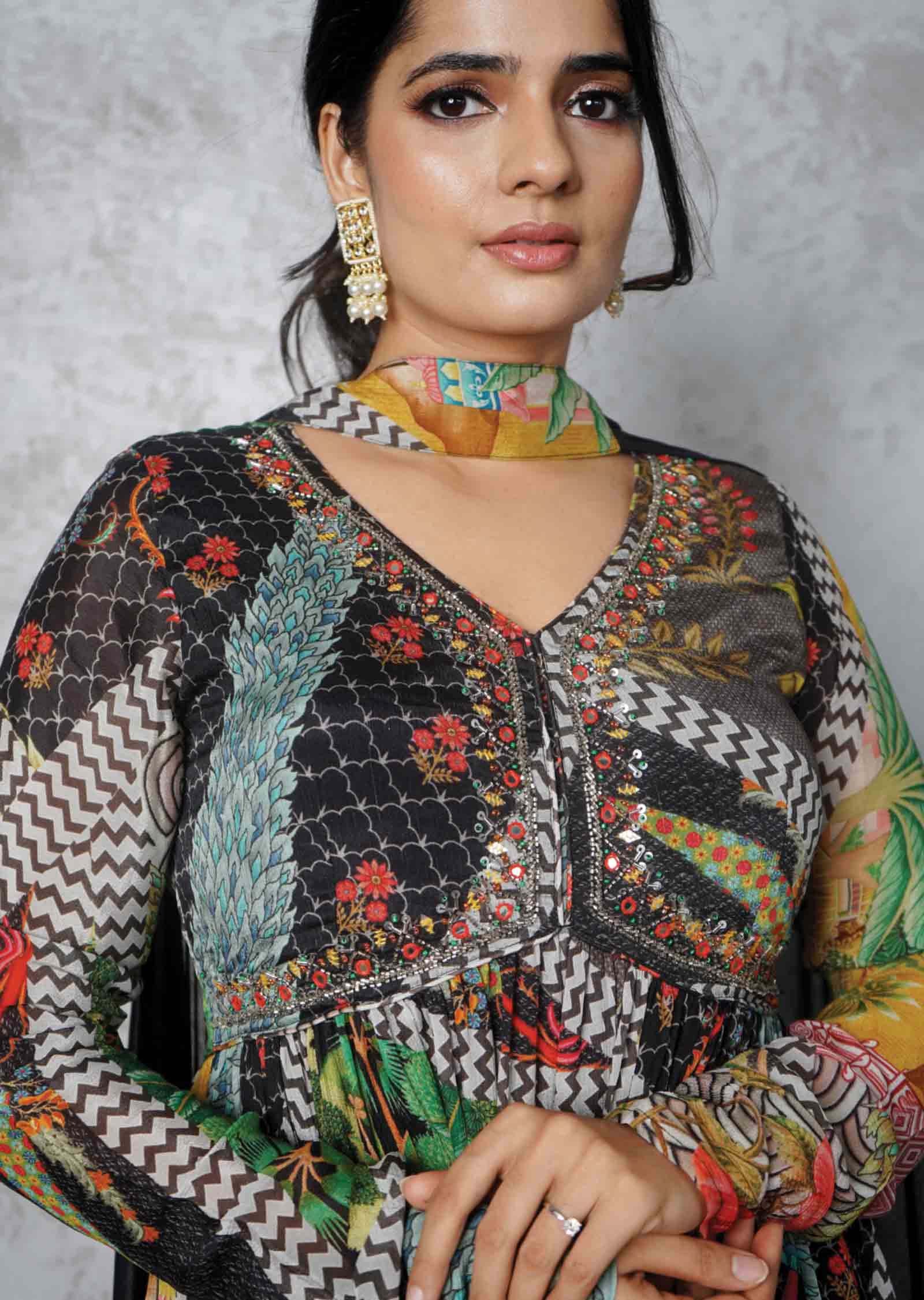 Black & Multi color Chinnon Embroidered Anarkali