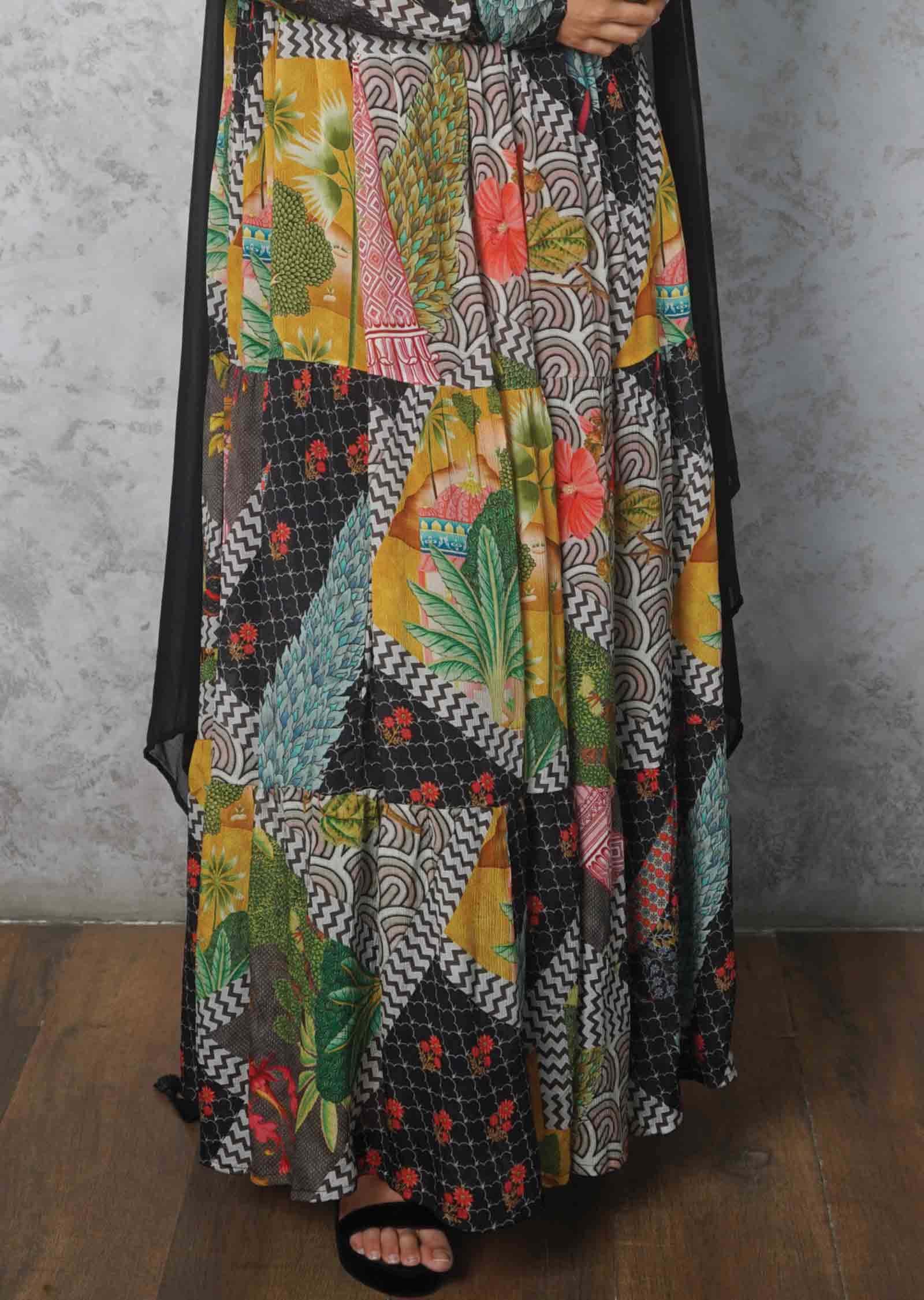 Black & Multi color Chinnon Embroidered Anarkali