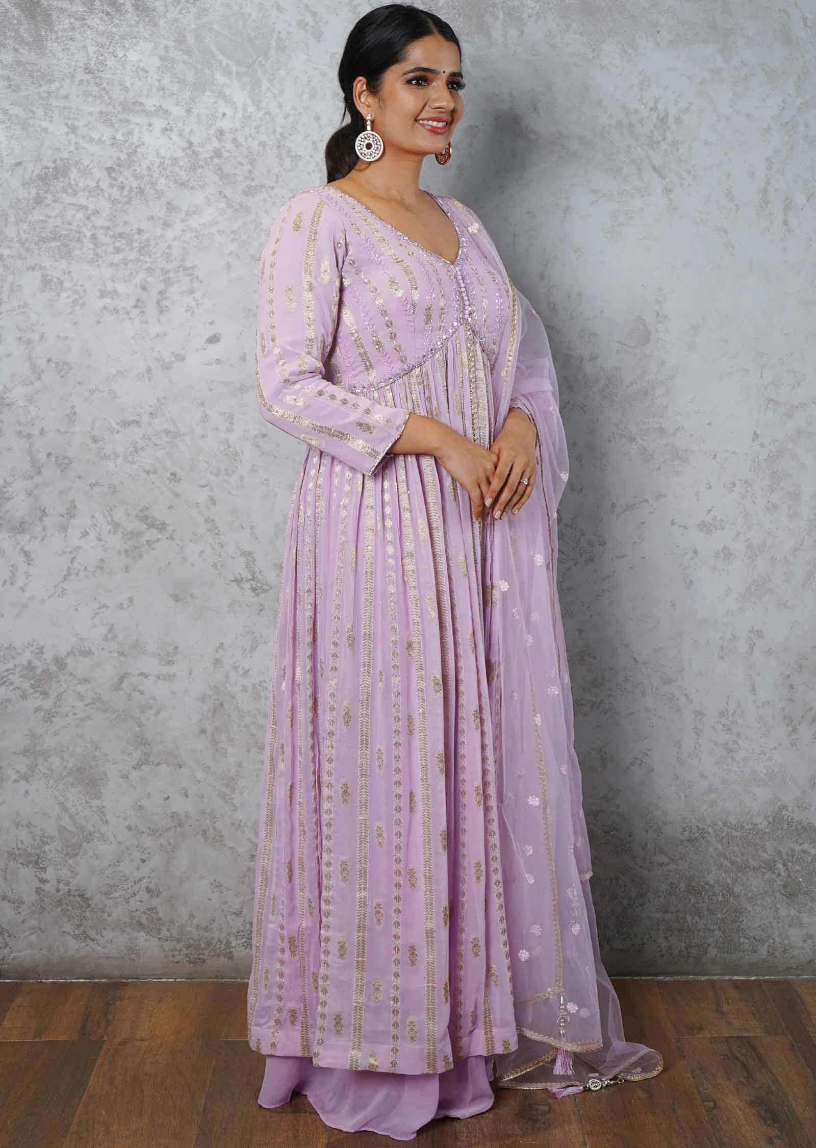 Lilac Banaras Georgette Embroidered Alia cut Anarkali